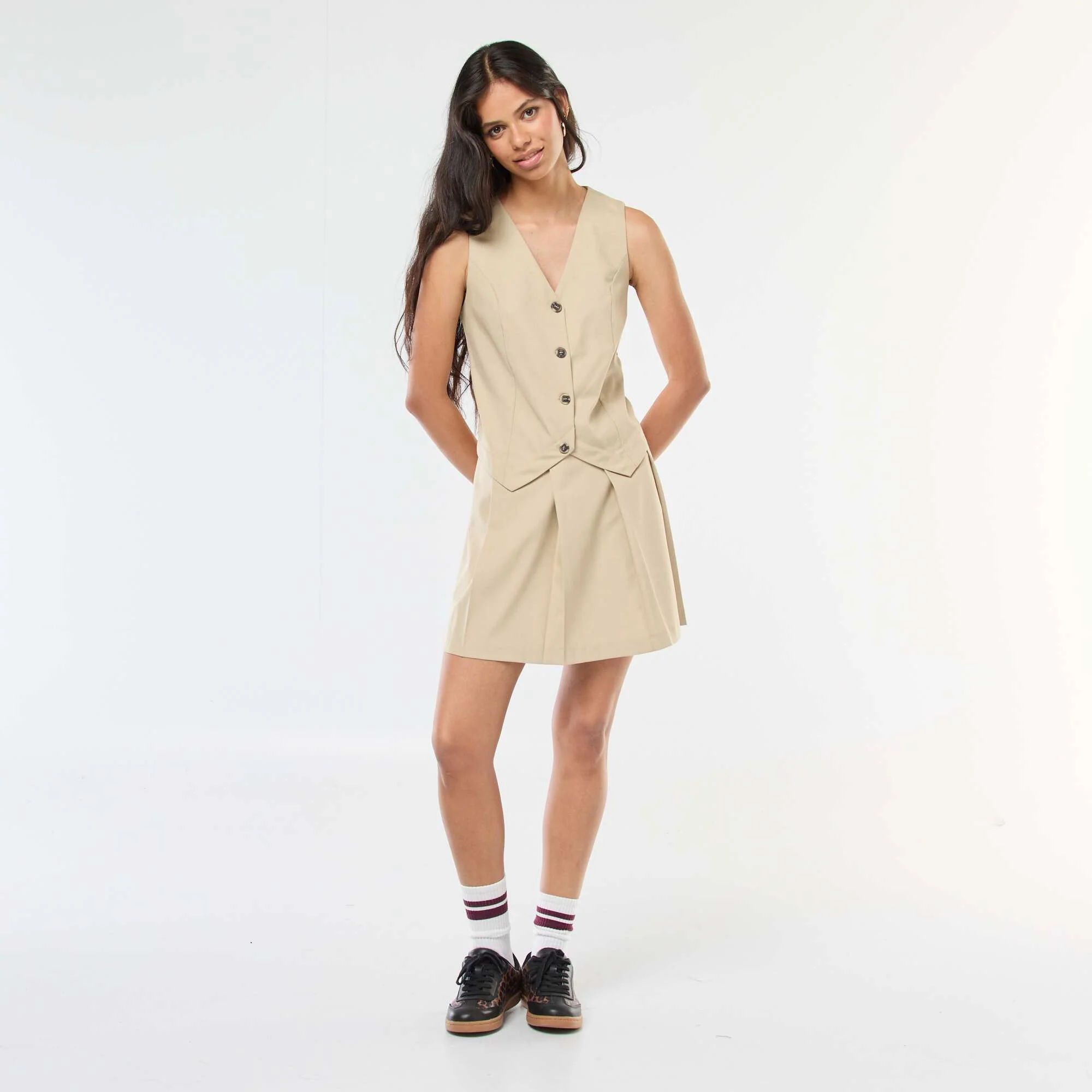 2-in-1 Dress with Blazer Vest Effect + Skirt BEIGE