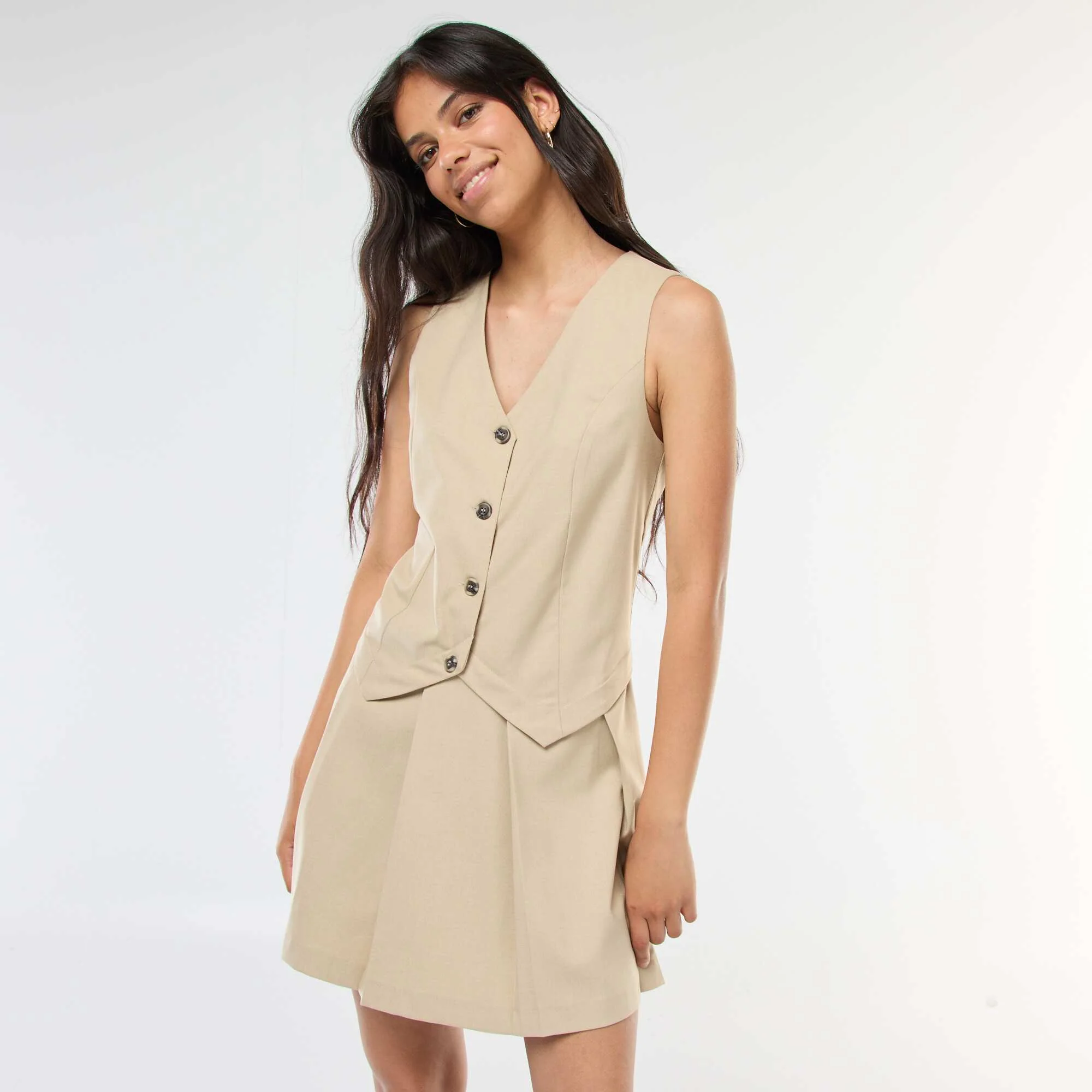 2-in-1 Dress with Blazer Vest Effect + Skirt BEIGE - Image 2