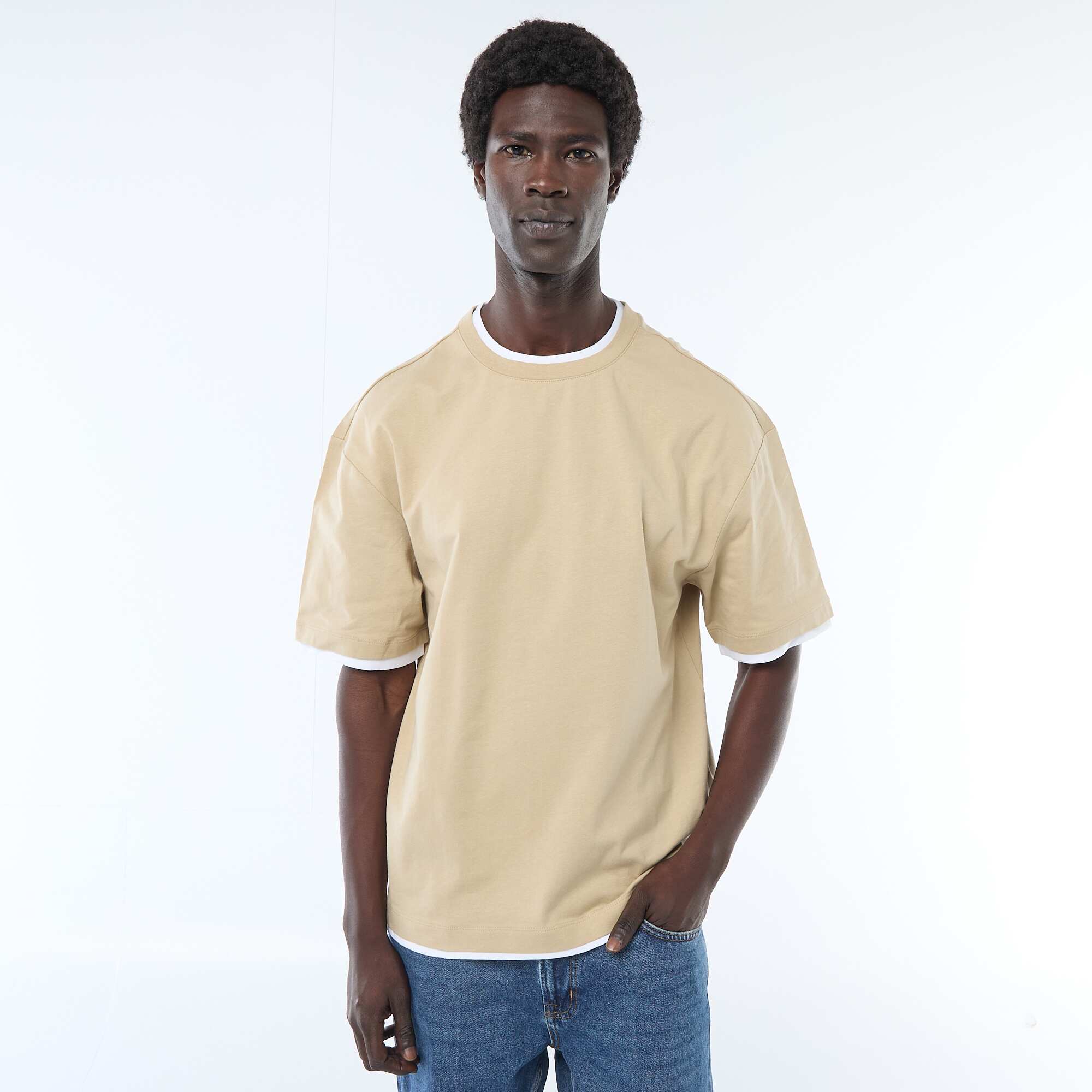2-in-1 Effect Short-Sleeved T-Shirt BEIGE