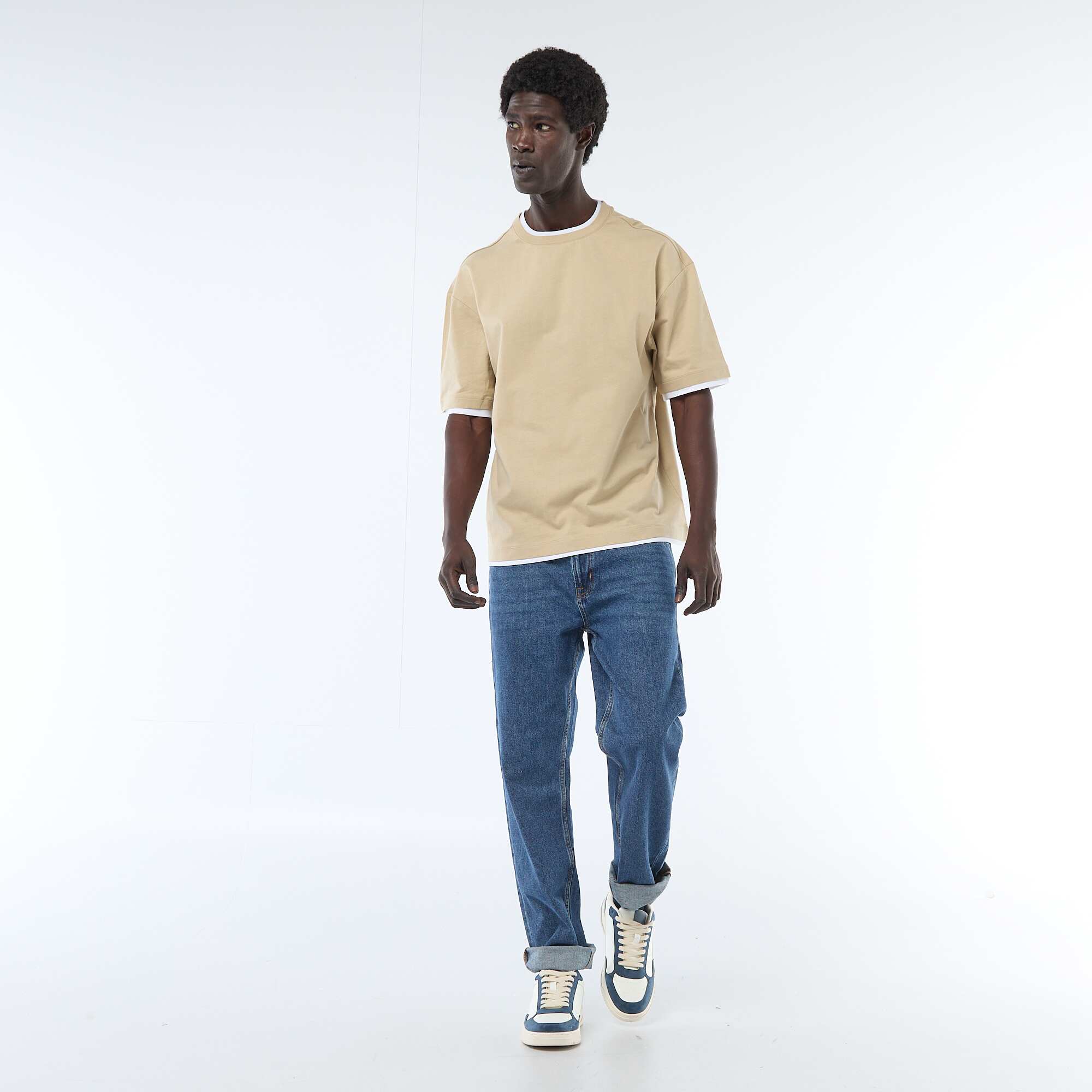 2-in-1 Effect Short-Sleeved T-Shirt BEIGE - Image 2