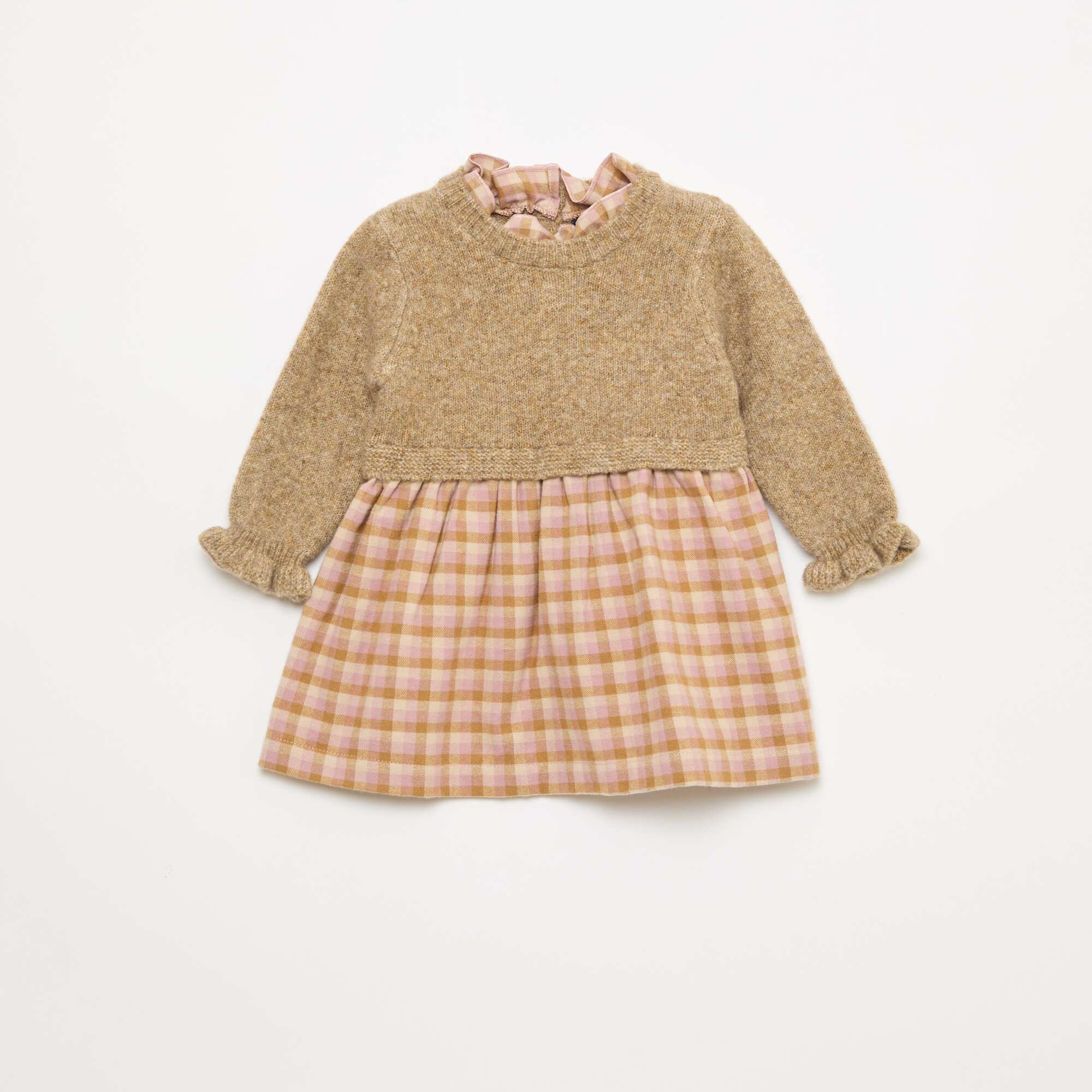2-in-1 Knit and Flannel Mix Dress PINK