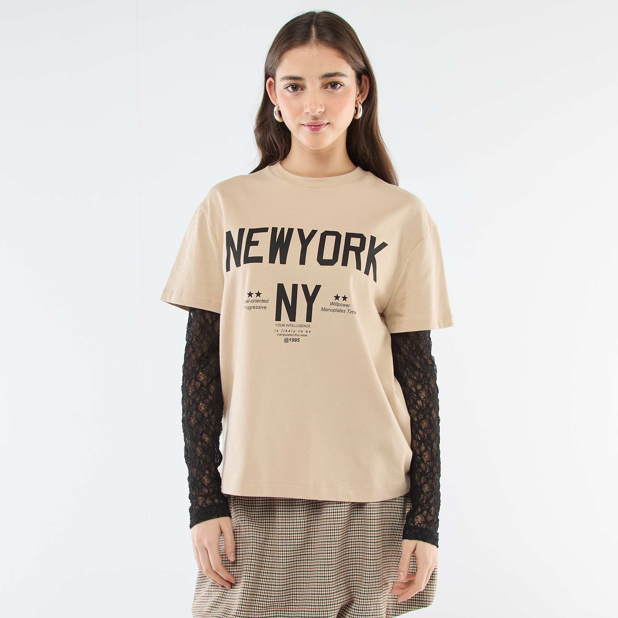 2-in-1 Lace Trim Tee BEIGE - Image 3