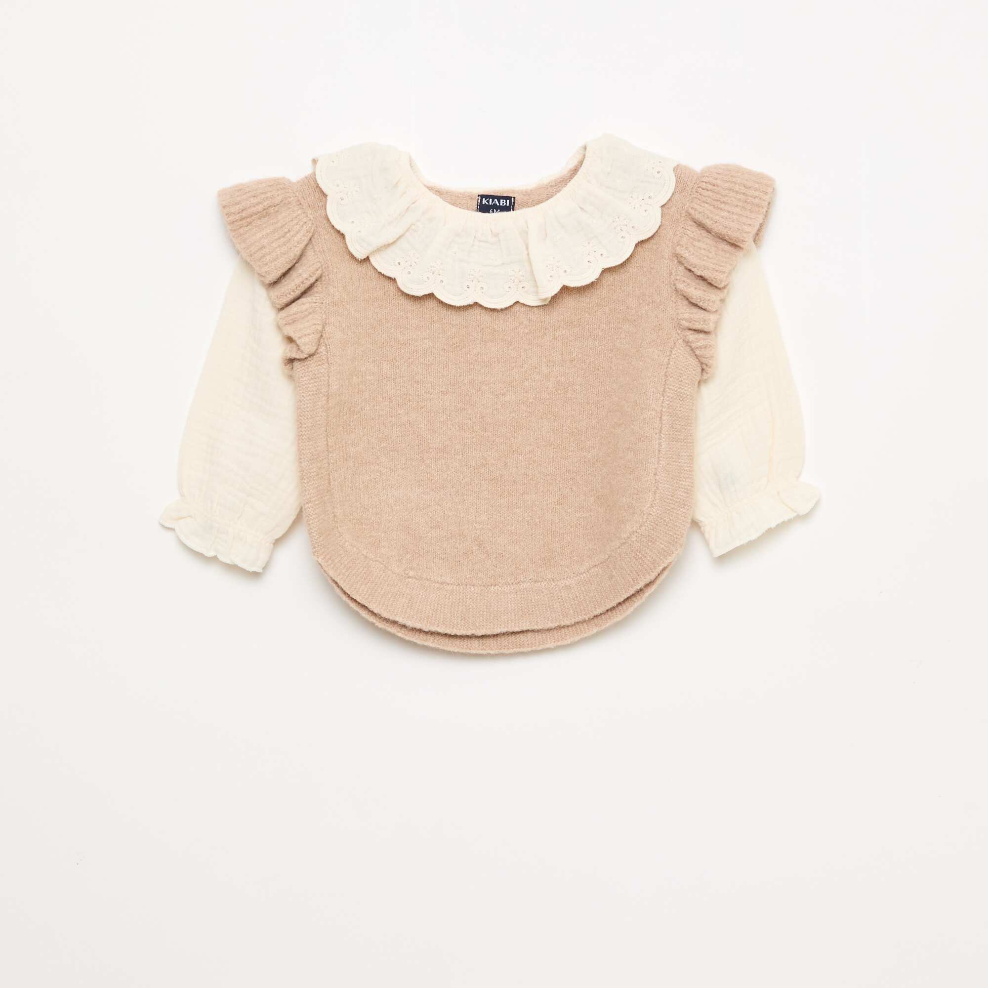 2-in-1 Sweater with Broderie Anglaise Collar BEIGE