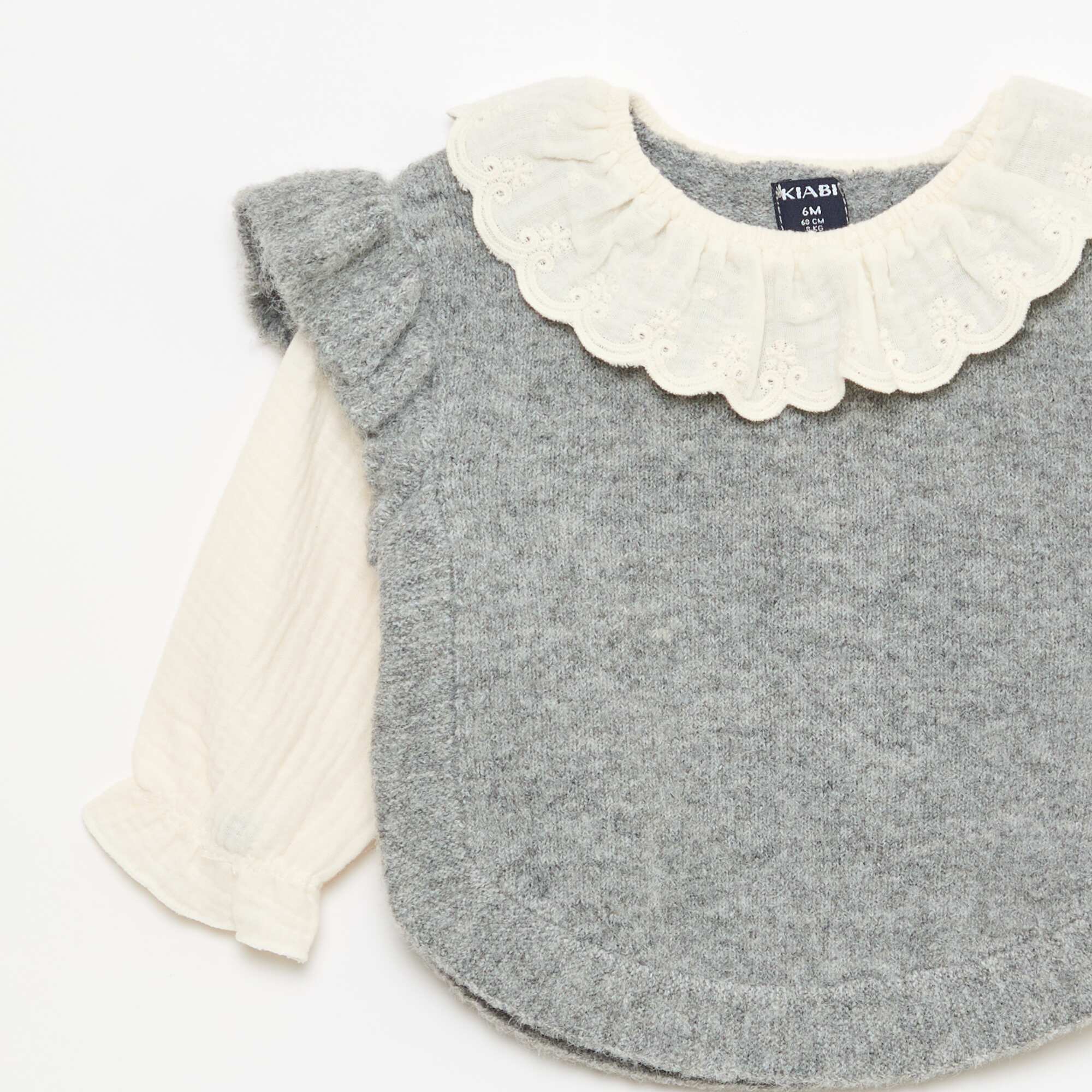 2-in-1 Sweater with Broderie Anglaise Collar GREY - Image 2