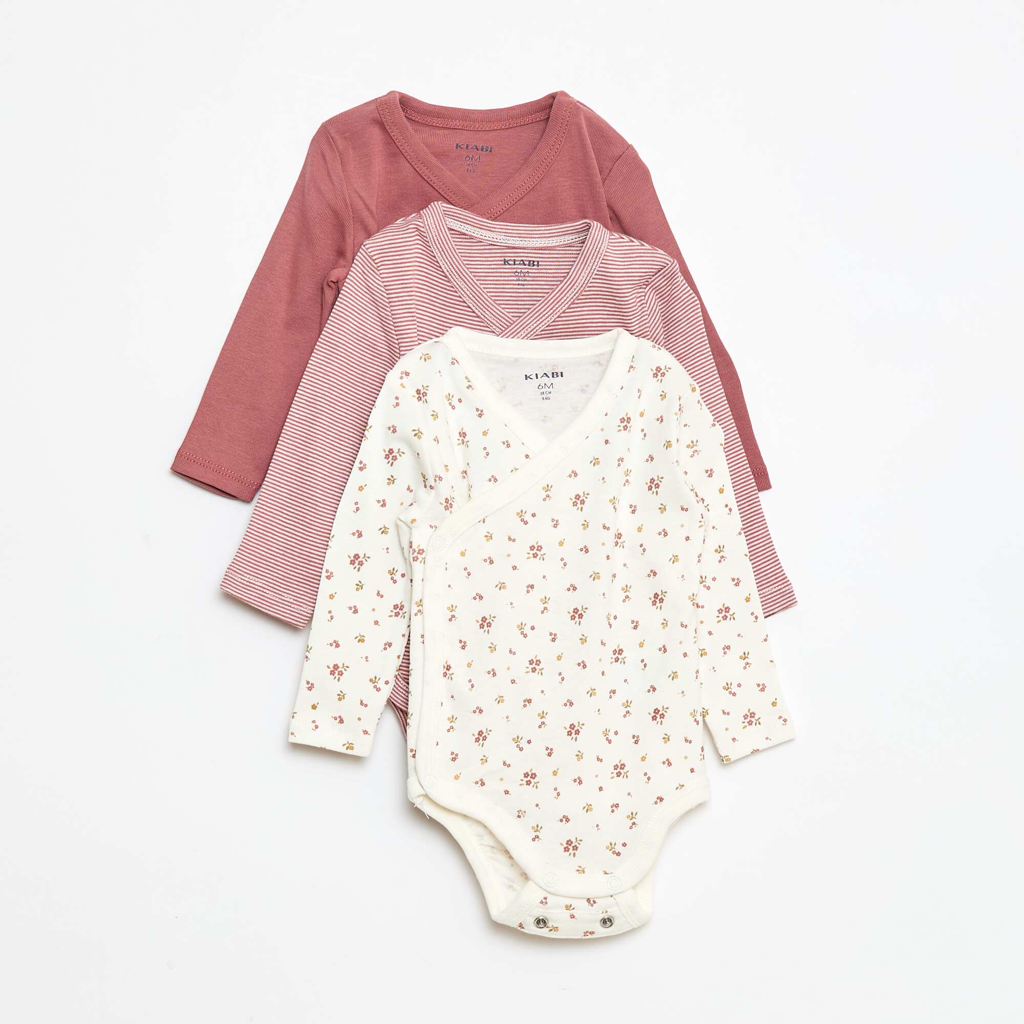3-Pack of Long-Sleeved Bodysuits with Snap Fastening PINK