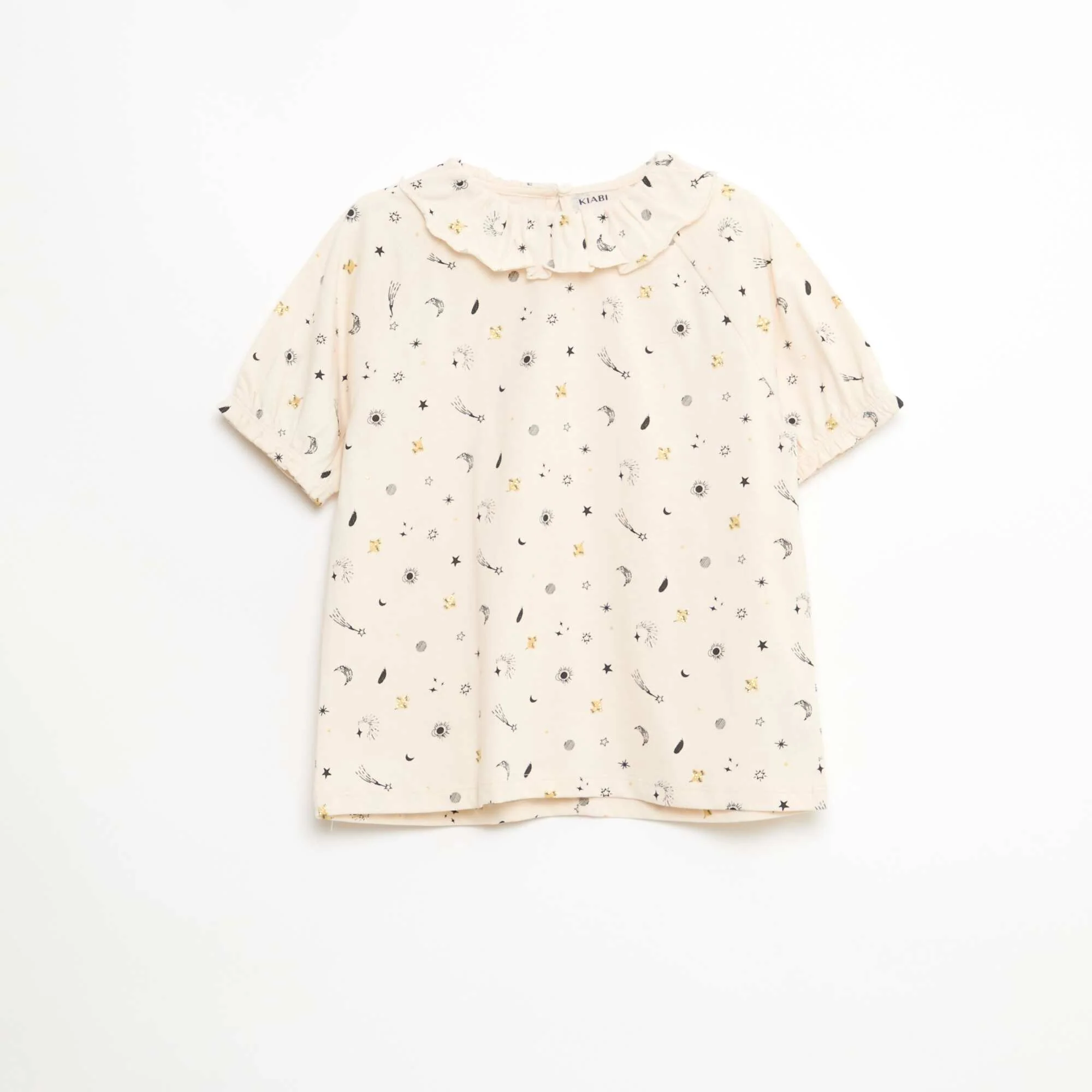 All-Over Print Cotton Ruffle Collar T-shirt BEIGE