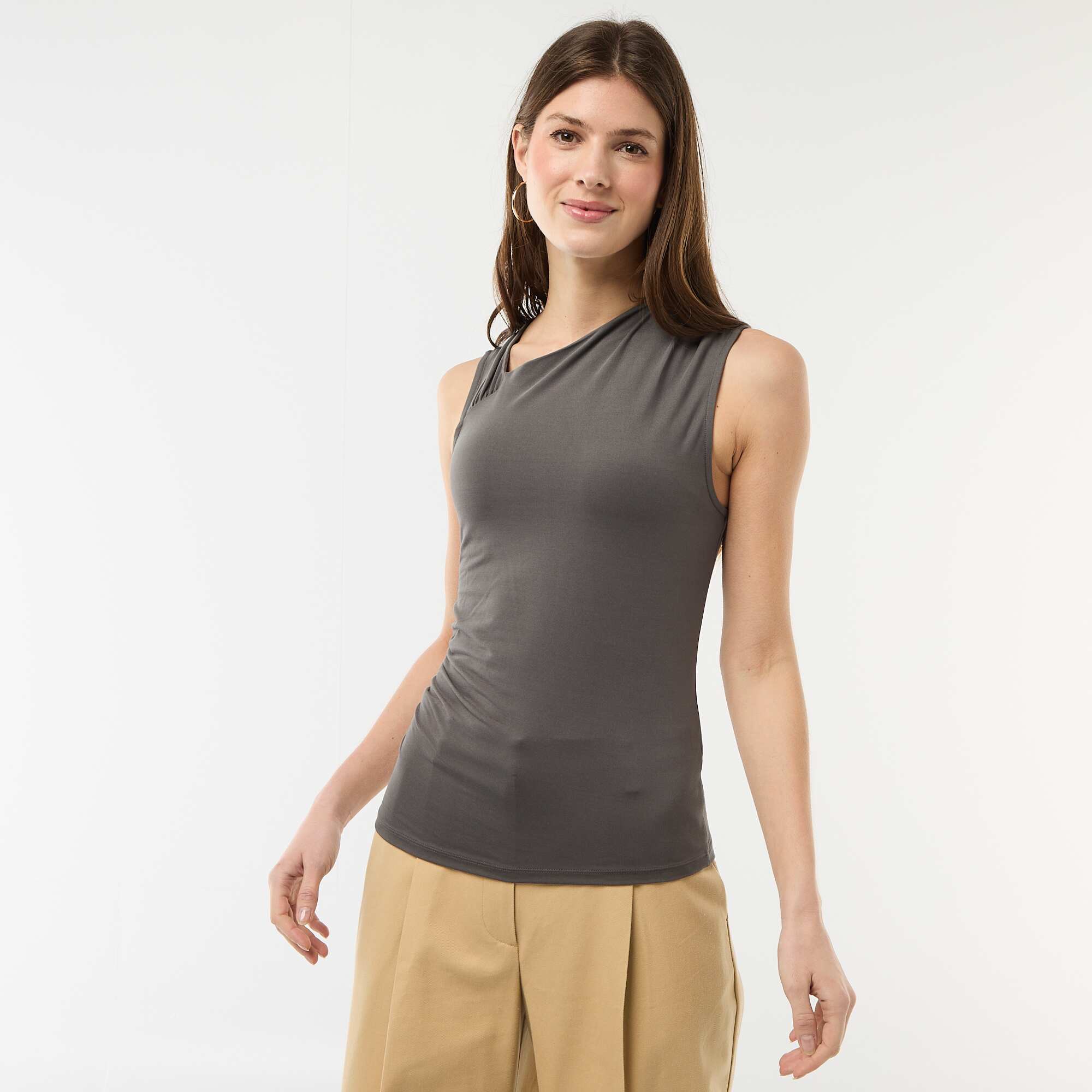 Asymmetrical Solid Stretch T-Shirt GREY - Image 5