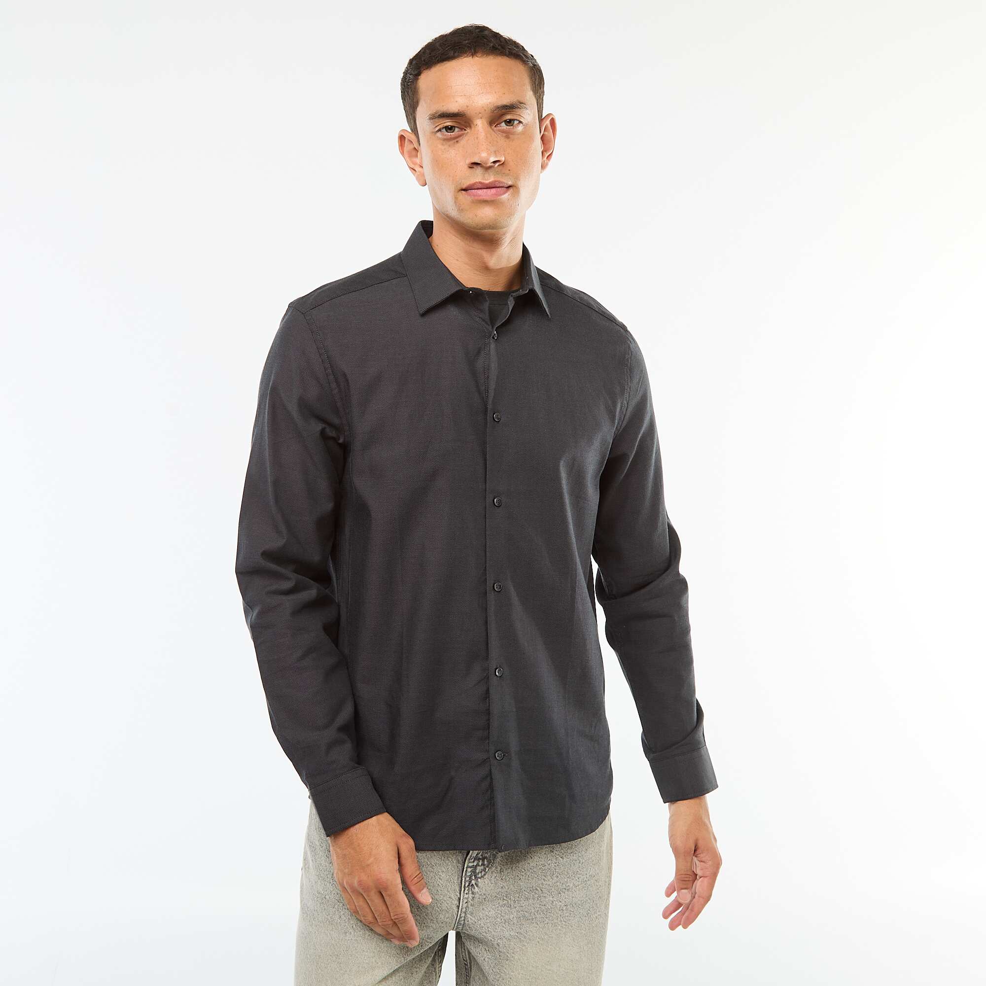 Block colour straight-cut shirt BLACK - Image 3