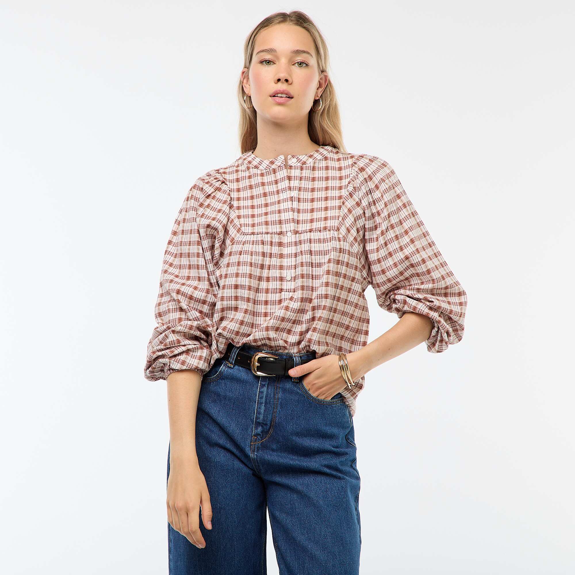 Button-Neck Plaid Blouse BEIGE
