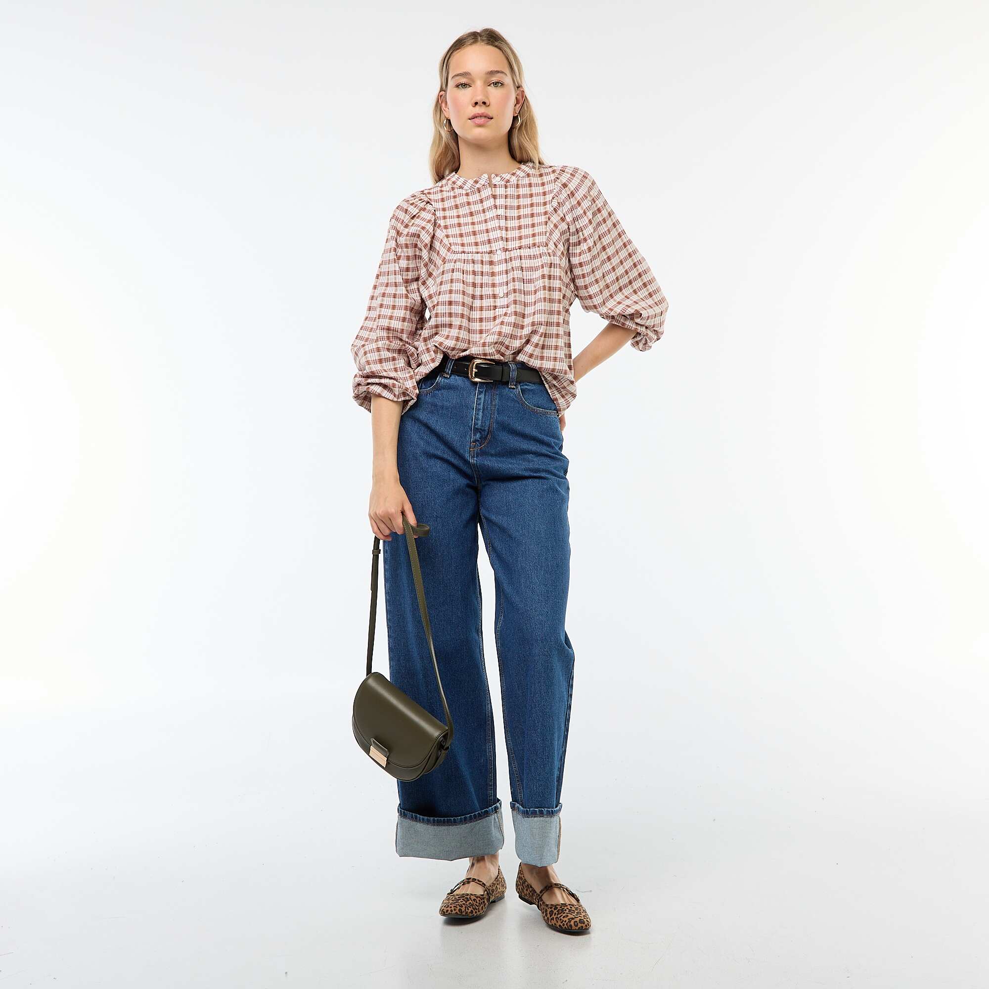 Button-Neck Plaid Blouse BEIGE - Image 2