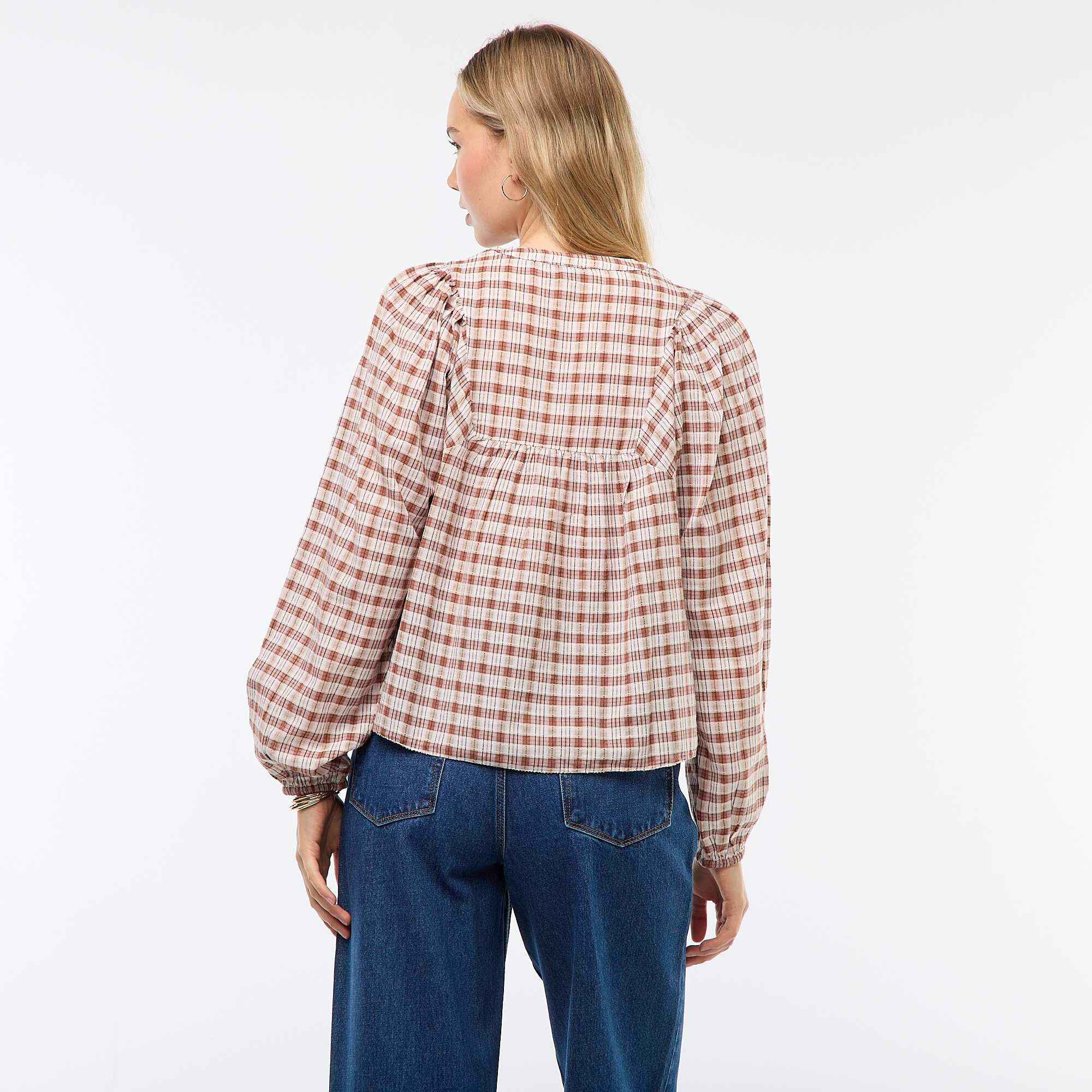 Button-Neck Plaid Blouse BEIGE - Image 4