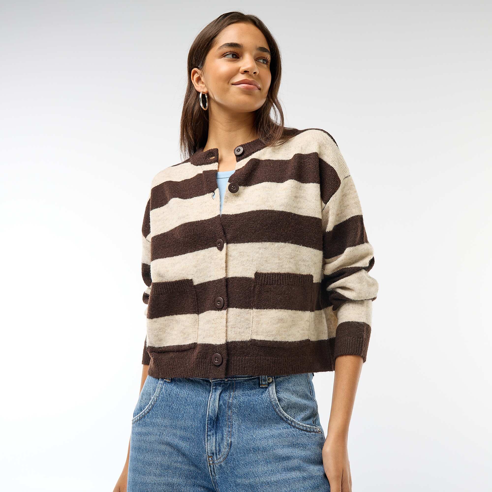 Buttoned Cardigan with 2 Patch Pockets BEIGE