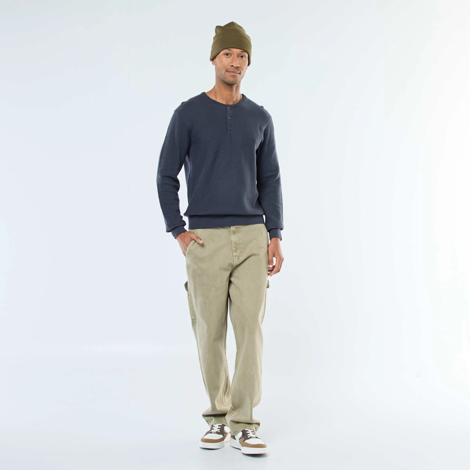 Buttoned Crew Neck Patterned Knit Sweater BLUE - Image 2