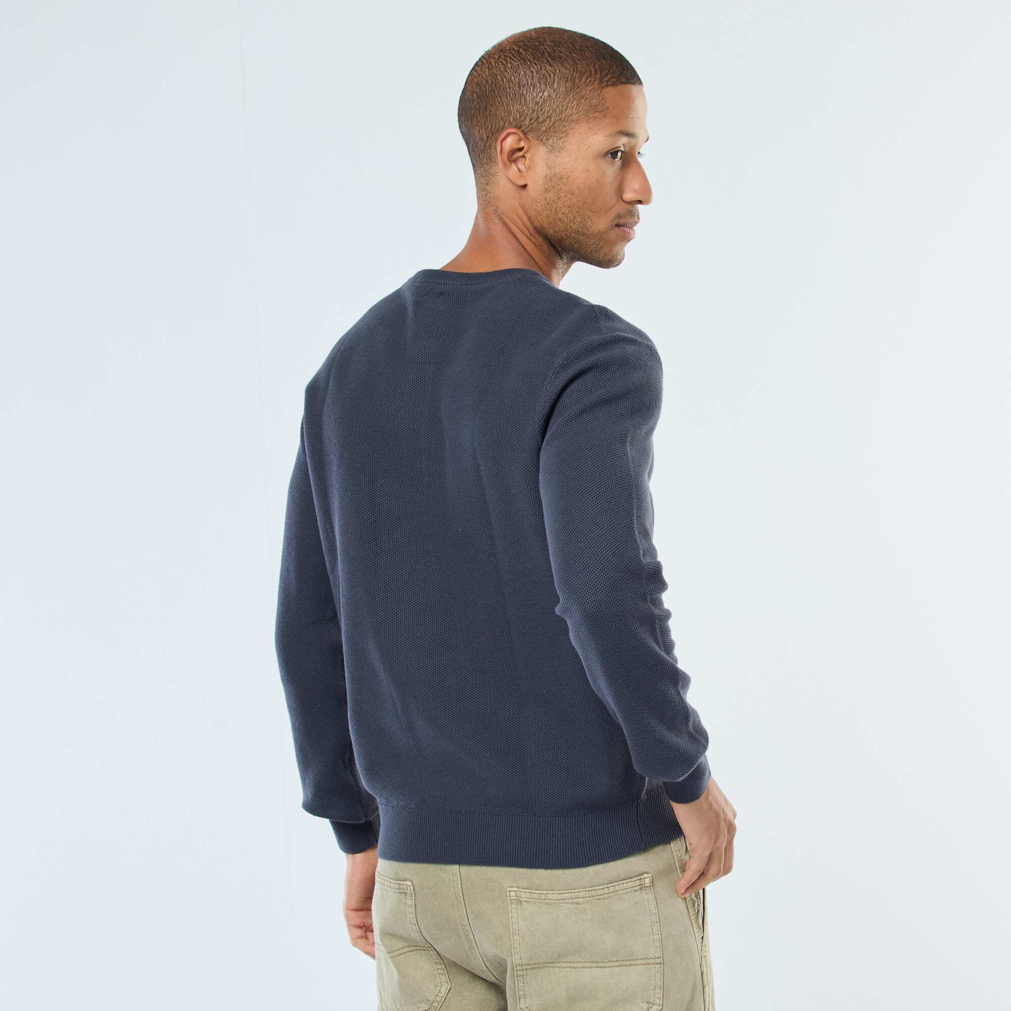 Buttoned Crew Neck Patterned Knit Sweater BLUE - Image 3