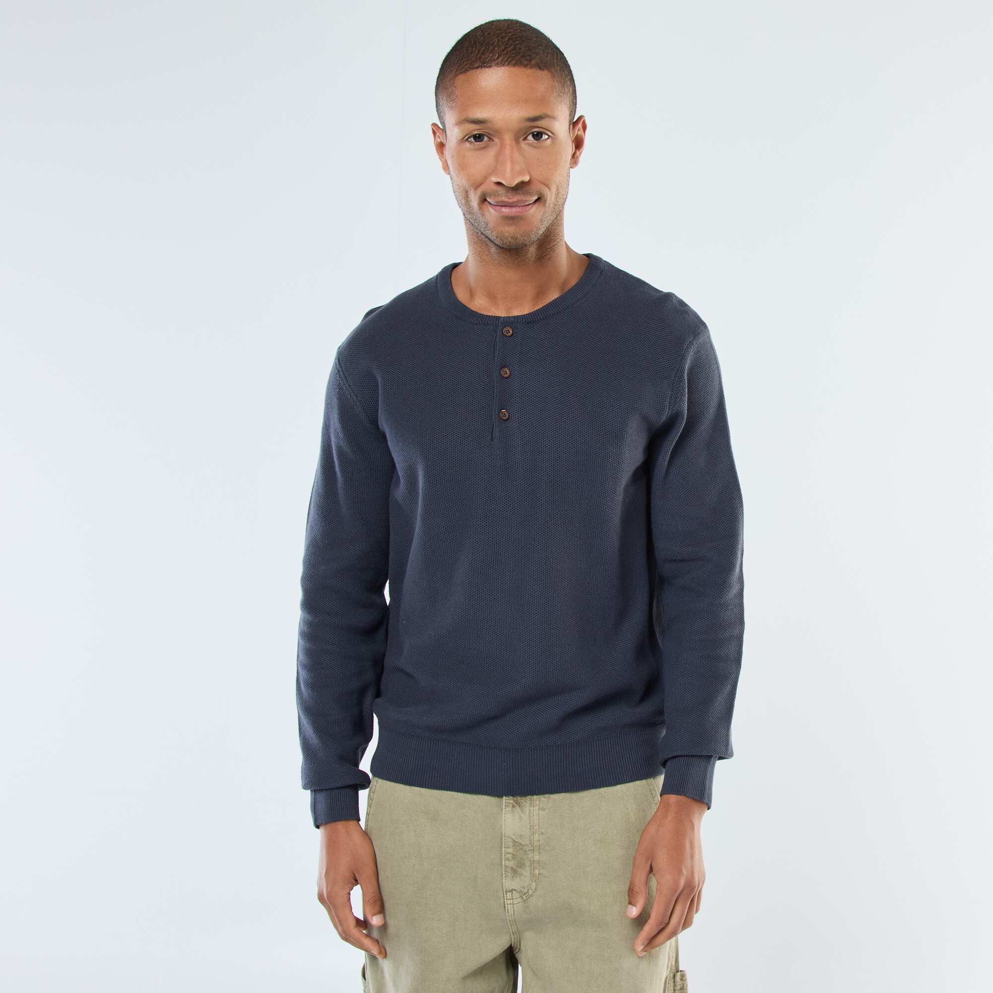 Buttoned Crew Neck Patterned Knit Sweater BLUE - Image 4