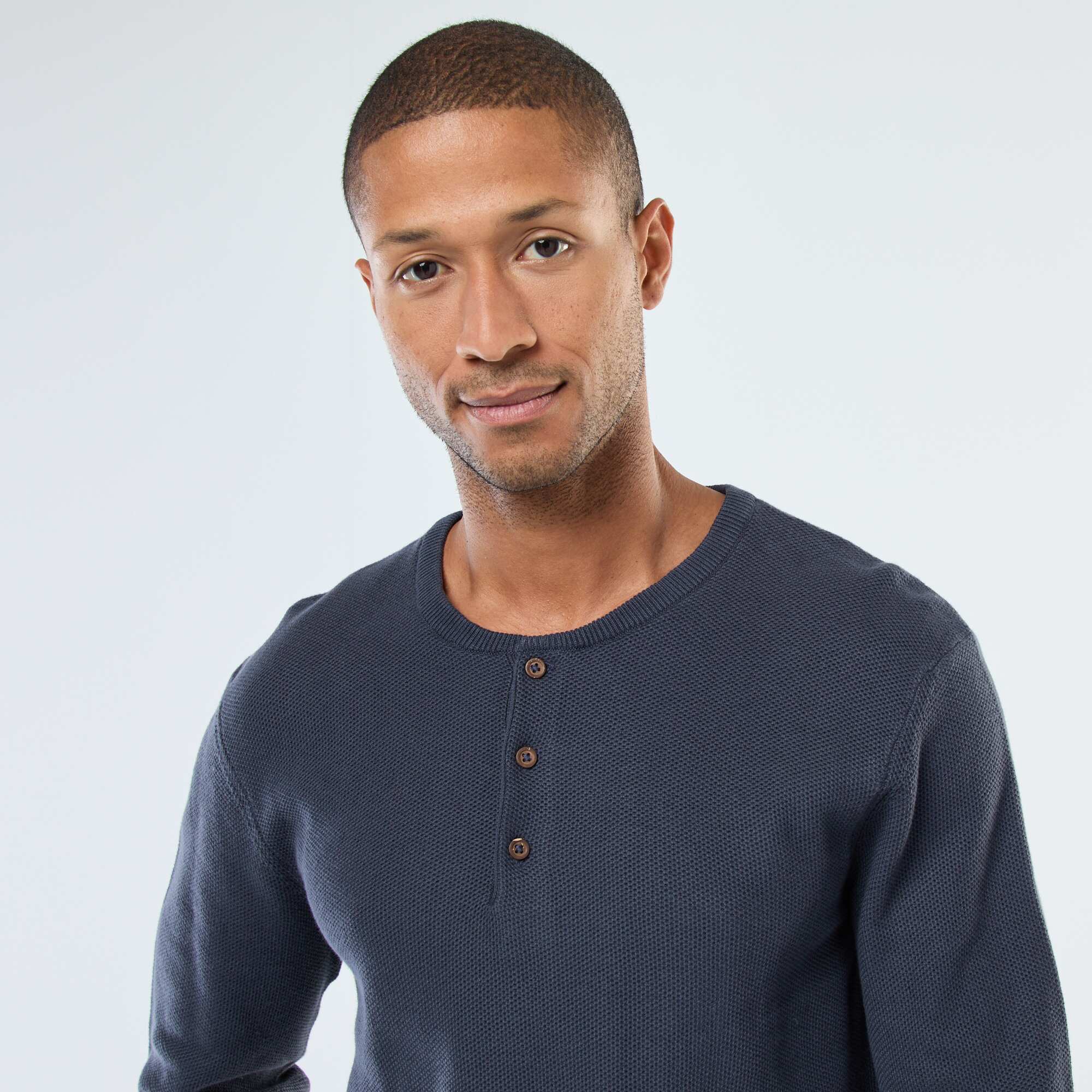 Buttoned Crew Neck Patterned Knit Sweater BLUE - Image 5