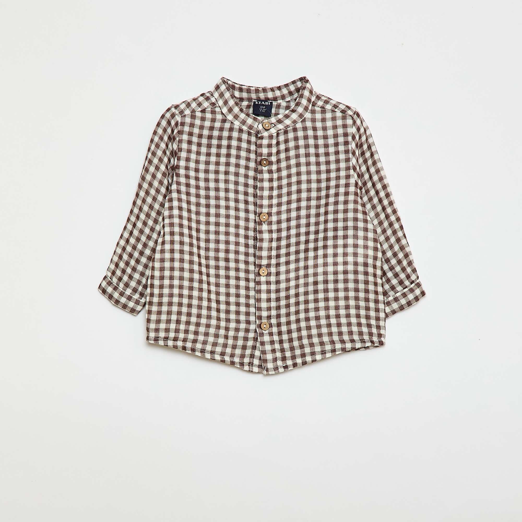 Checked Mandarin Collar Shirt BROWN