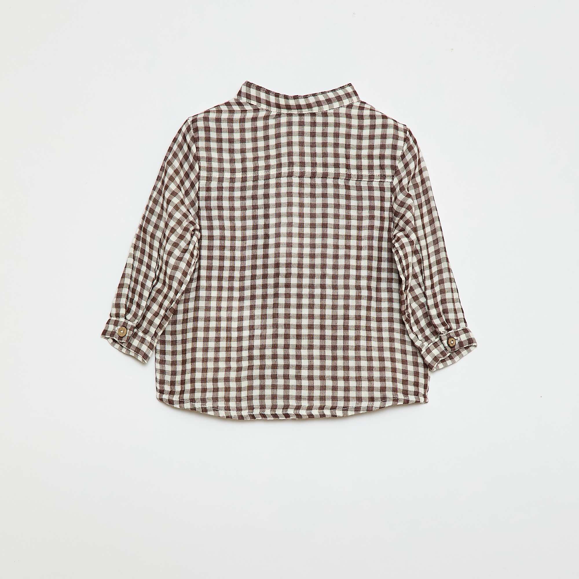 Checked Mandarin Collar Shirt BROWN - Image 2