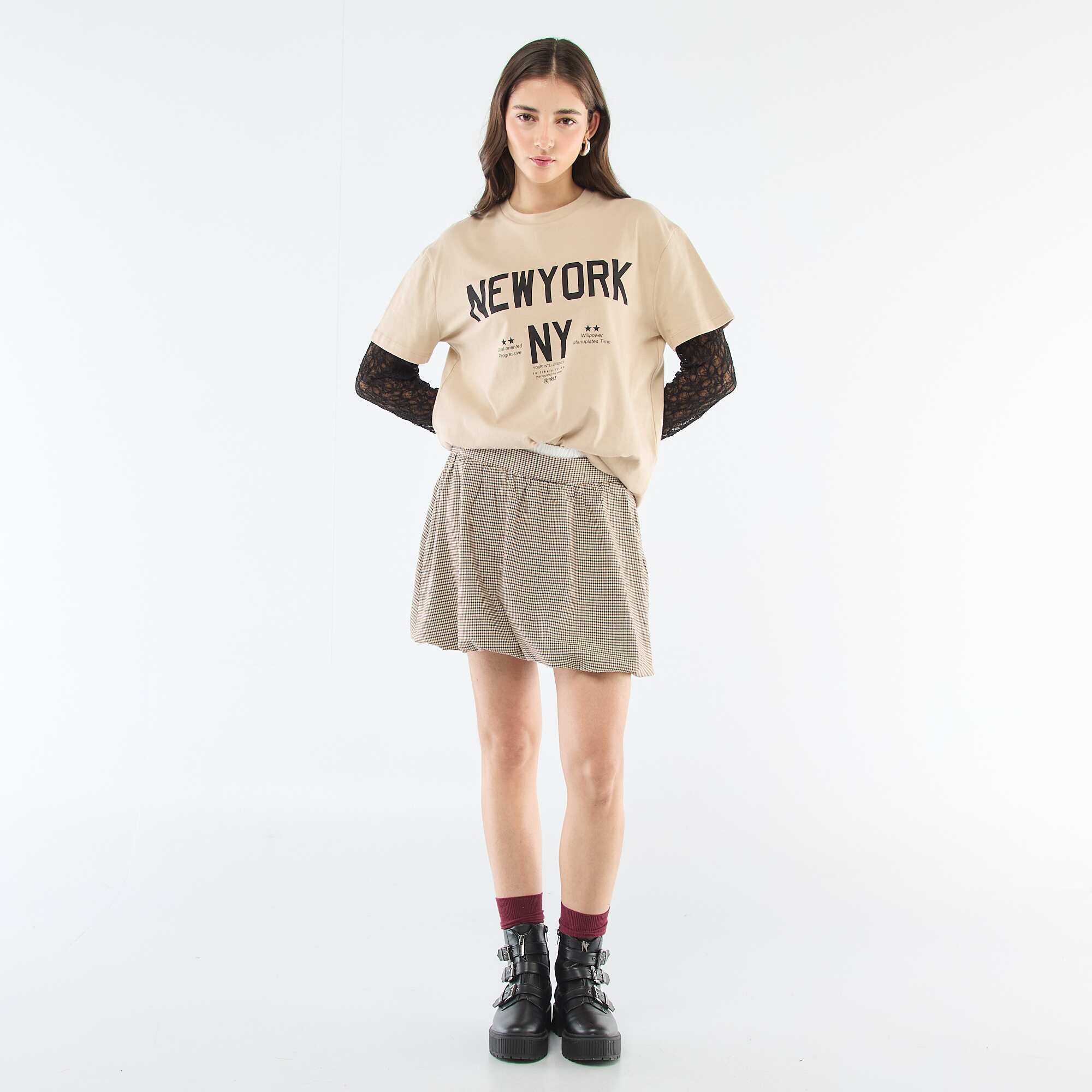 Checkered Bubble Skirt BEIGE - Image 2
