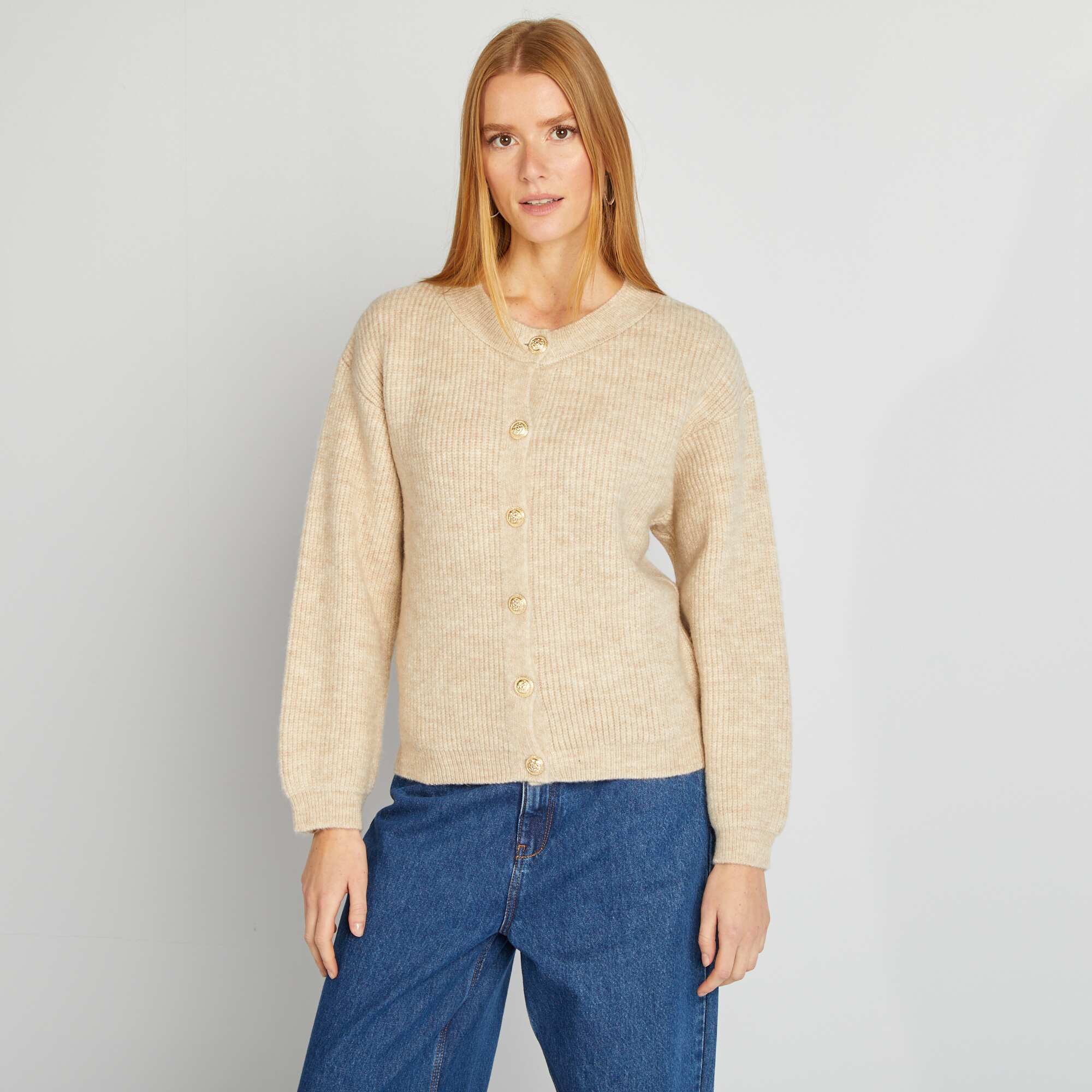 Chunky knit cardigan with gold buttons BEIGE - Image 4