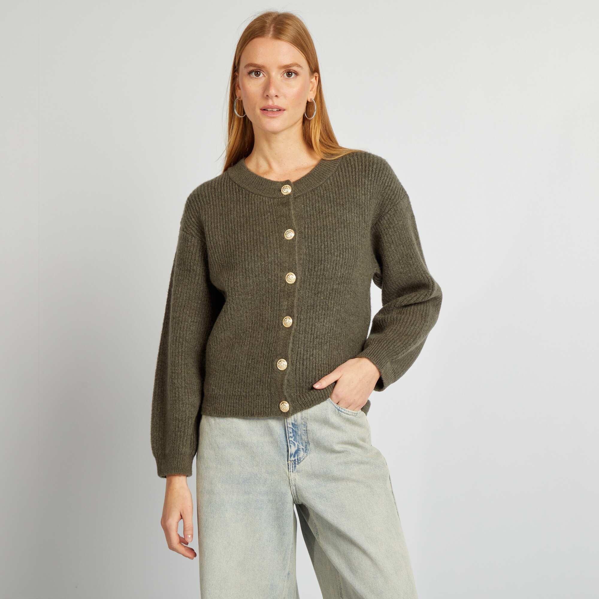 Chunky knit cardigan with gold buttons KHAKI - Image 3