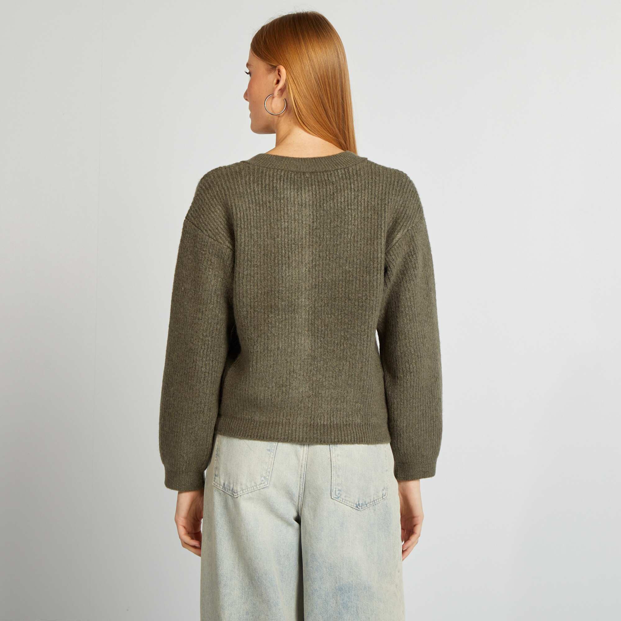 Chunky knit cardigan with gold buttons KHAKI - Image 4
