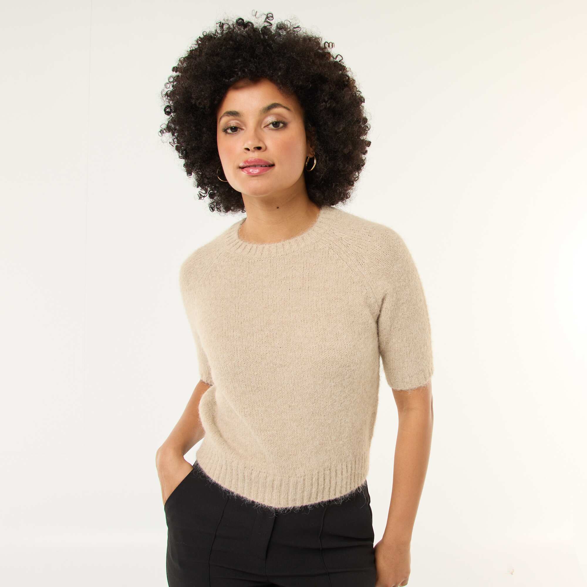 Chunky Knit Short-Sleeve Sweater BEIGE - Image 3