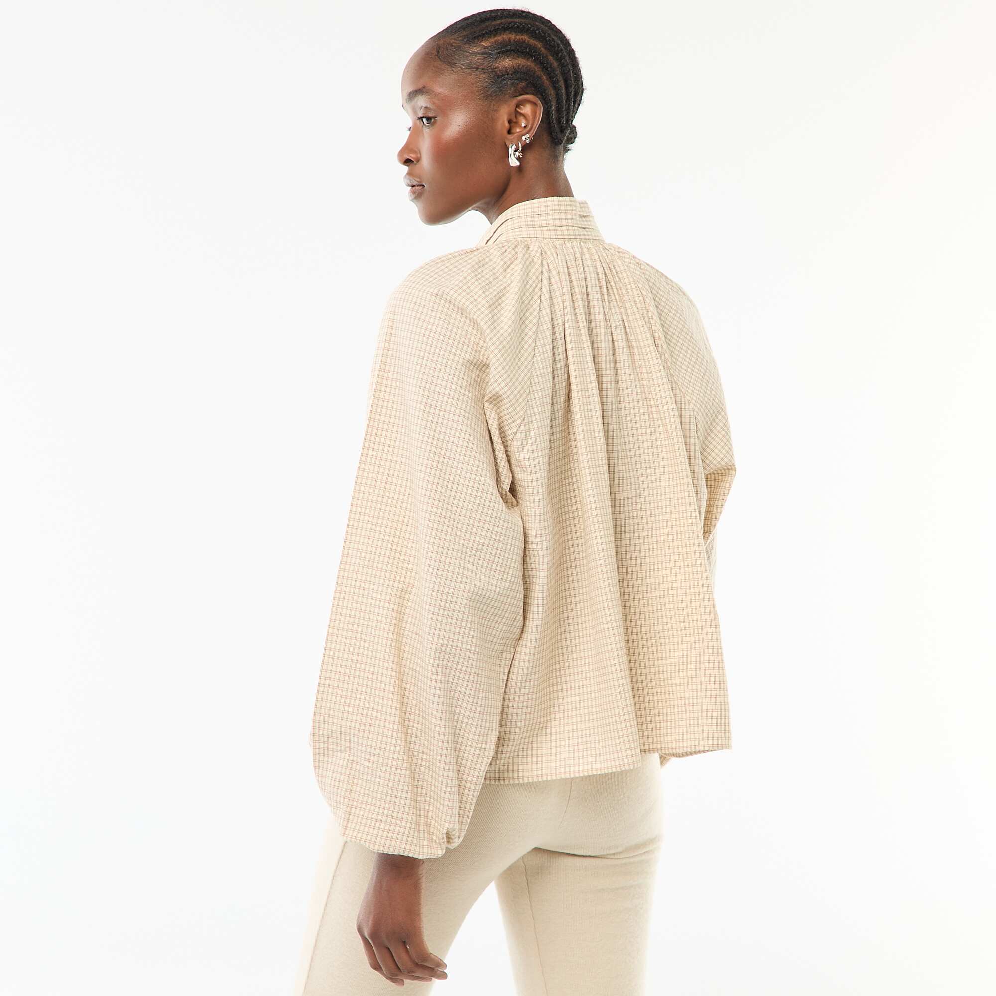 Cotton Checkered Lavaliere Blouse BEIGE - Image 4
