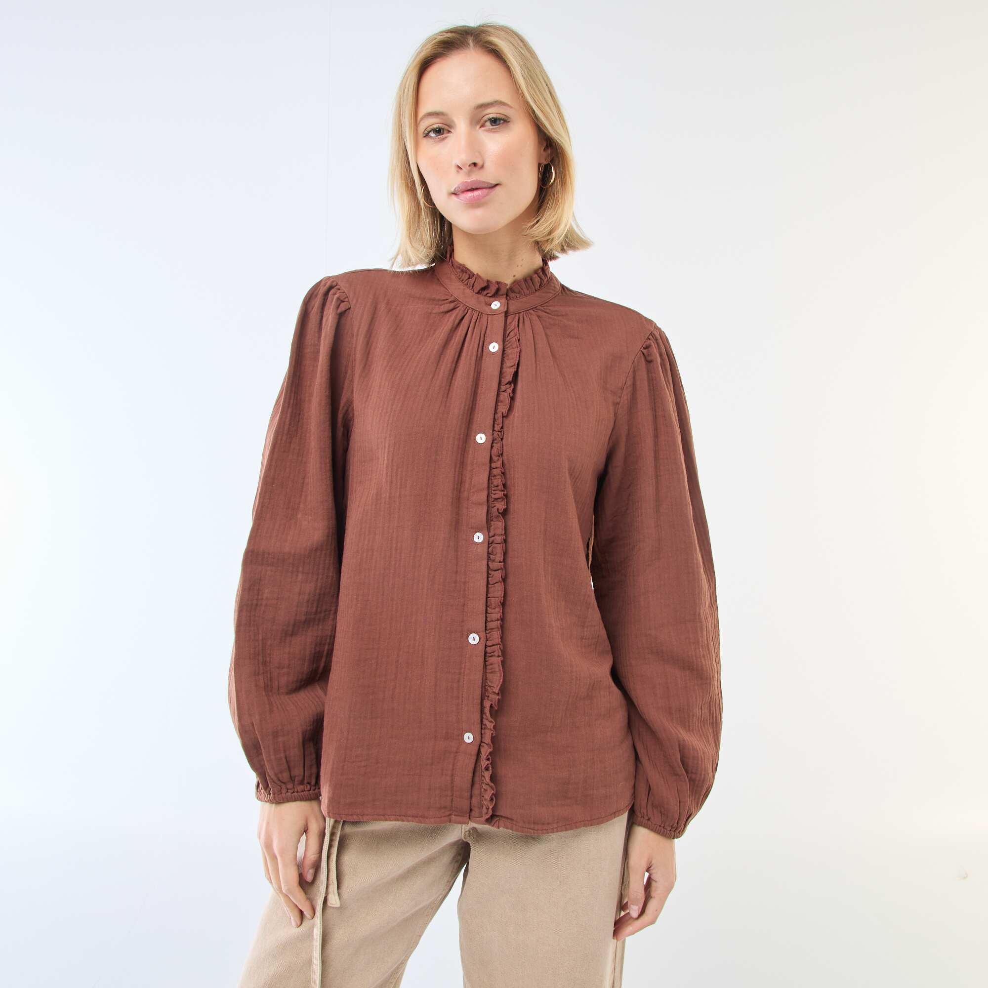 Cotton Gauze Blouse with Scalloped Edges BROWN - Image 3