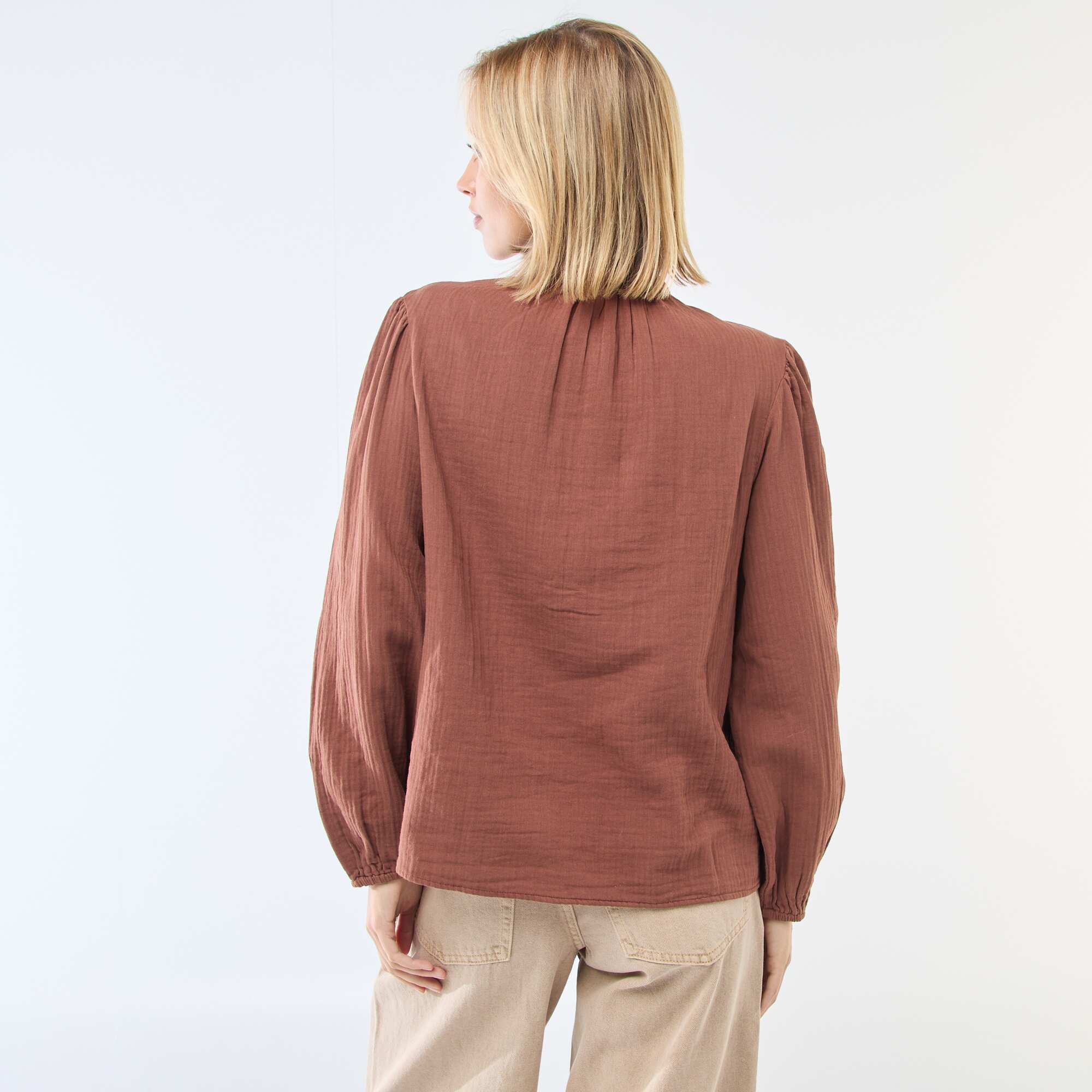 Cotton Gauze Blouse with Scalloped Edges BROWN - Image 4
