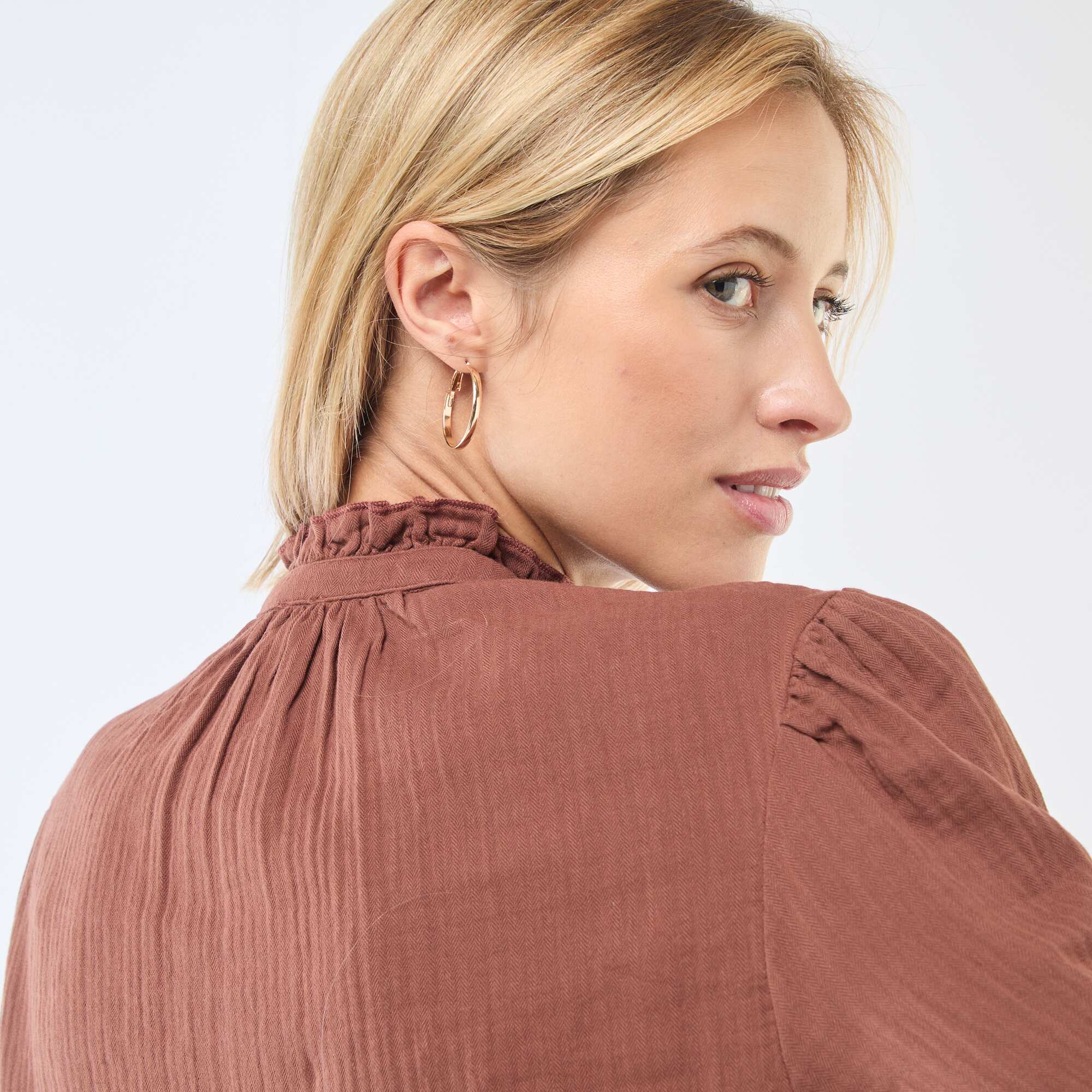 Cotton Gauze Blouse with Scalloped Edges BROWN - Image 5