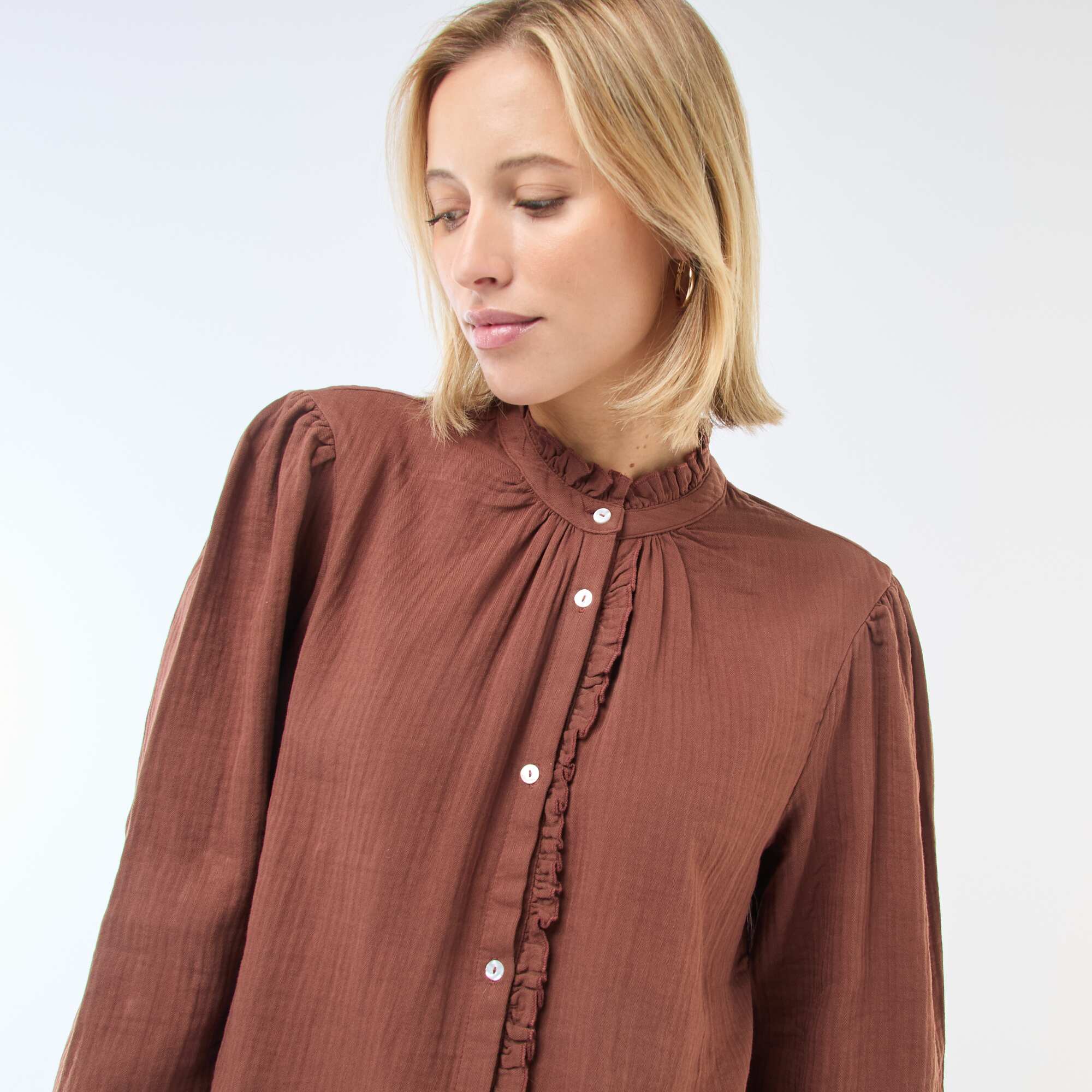 Cotton Gauze Blouse with Scalloped Edges BROWN - Image 6