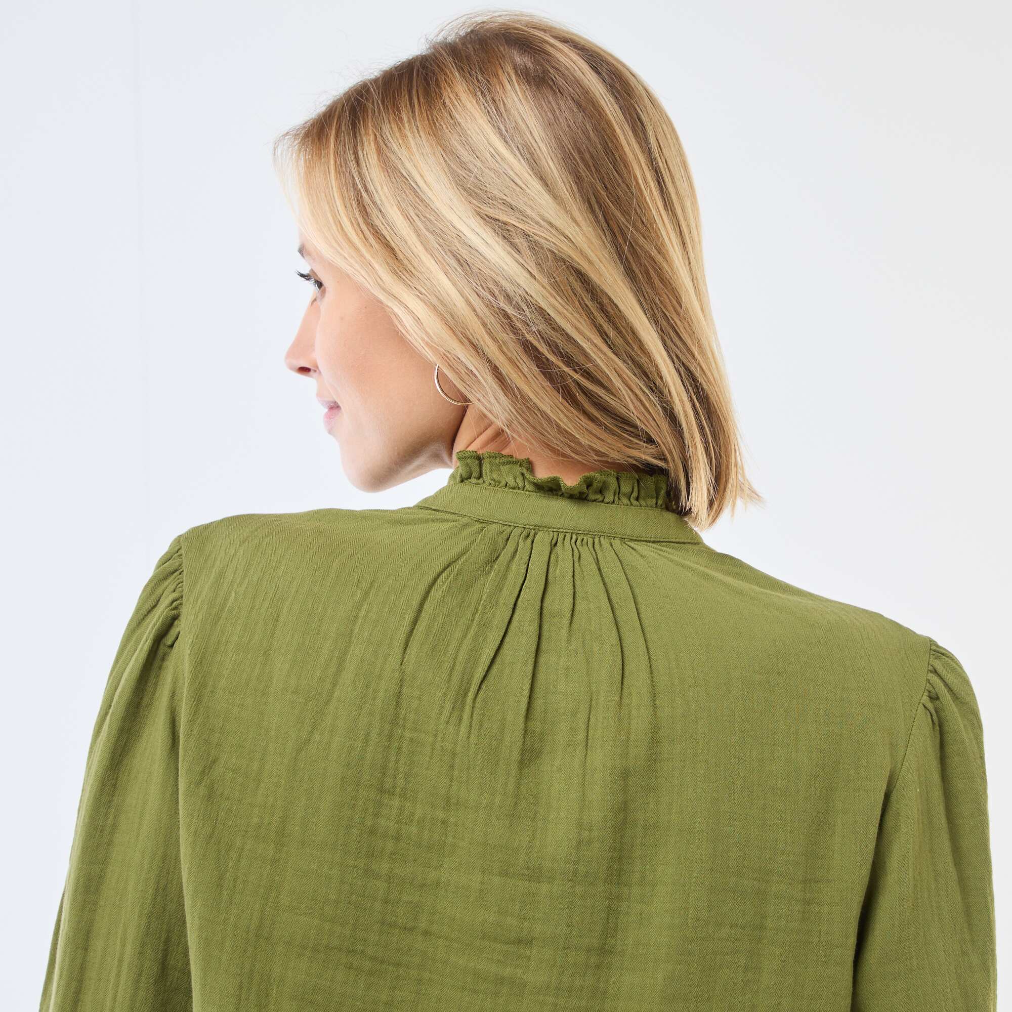 Cotton Gauze Blouse with Scalloped Edges KHAKI - Image 6
