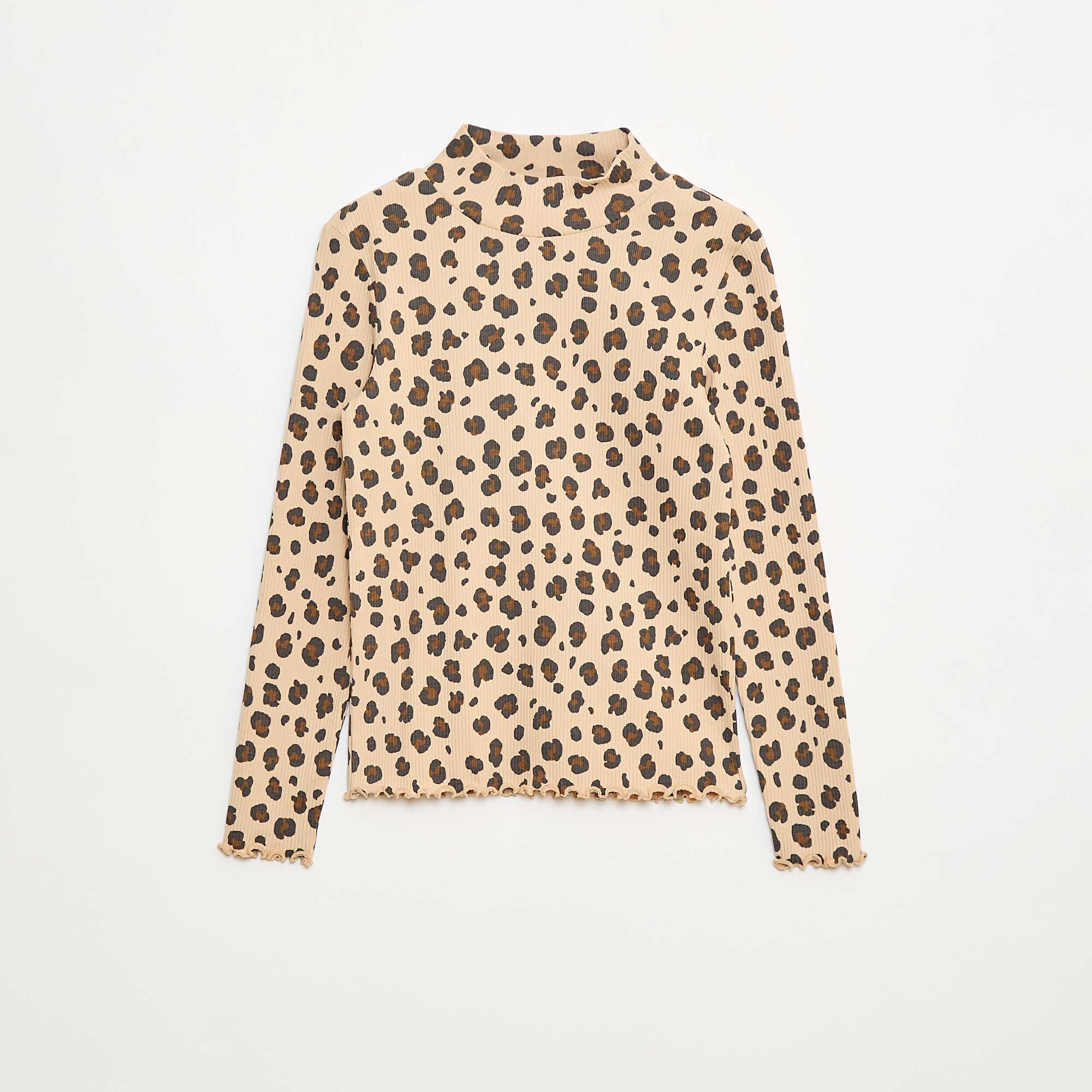 Cotton Ribbed Turtleneck Top BEIGE