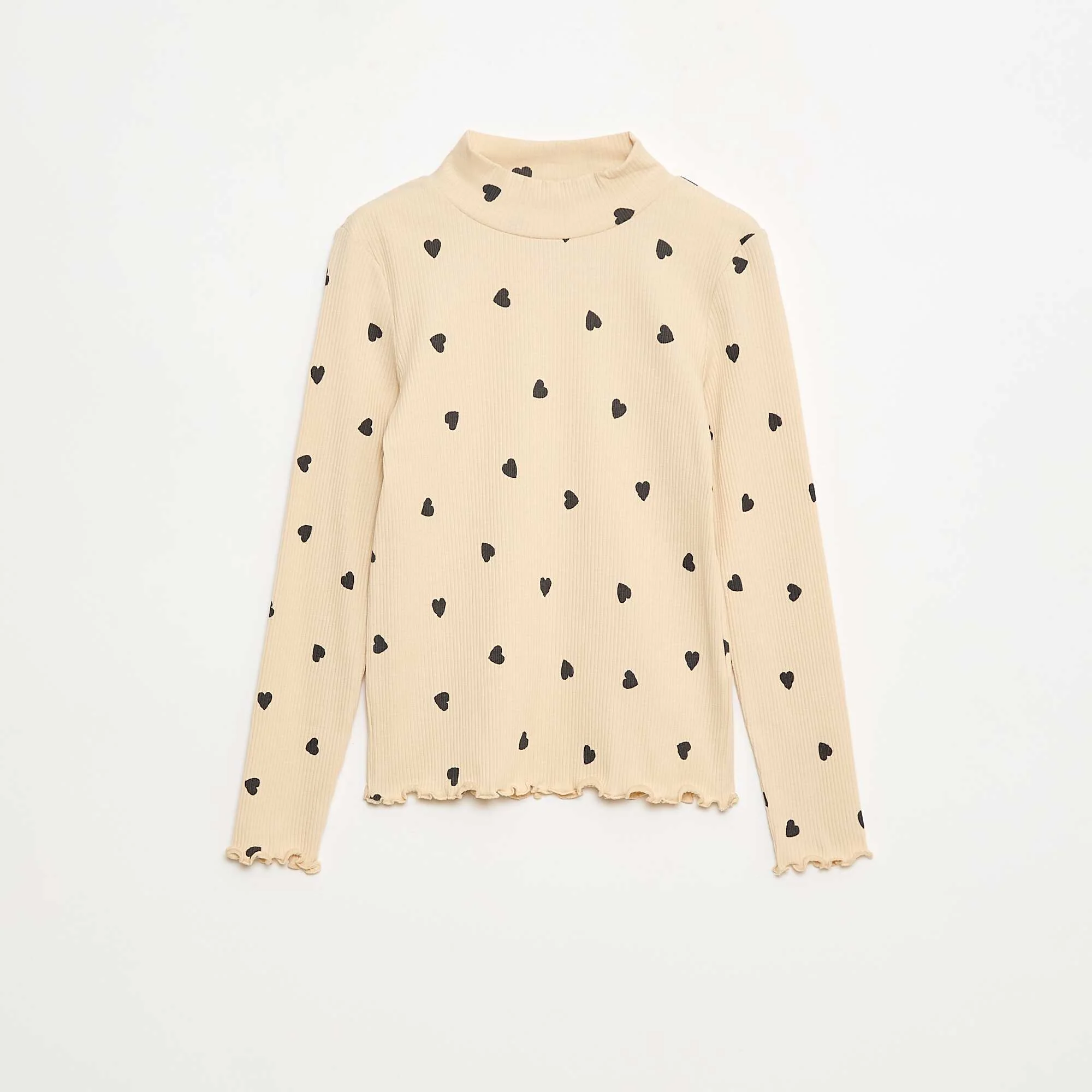 Cotton Ribbed Turtleneck Top BEIGE