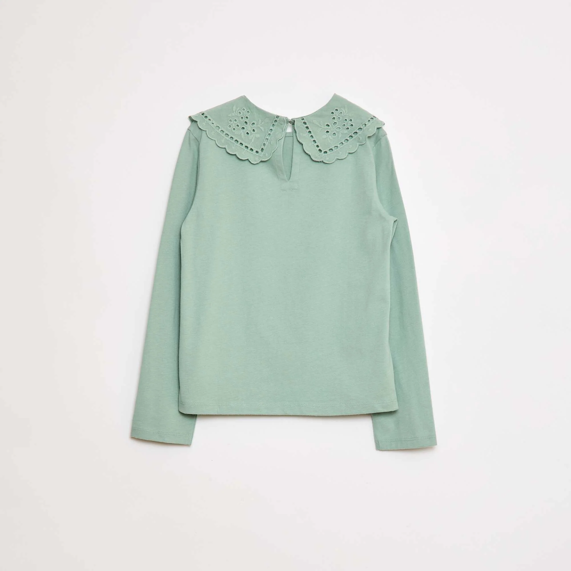 Cotton T-shirt with Embroidered Collar GREEN - Image 2