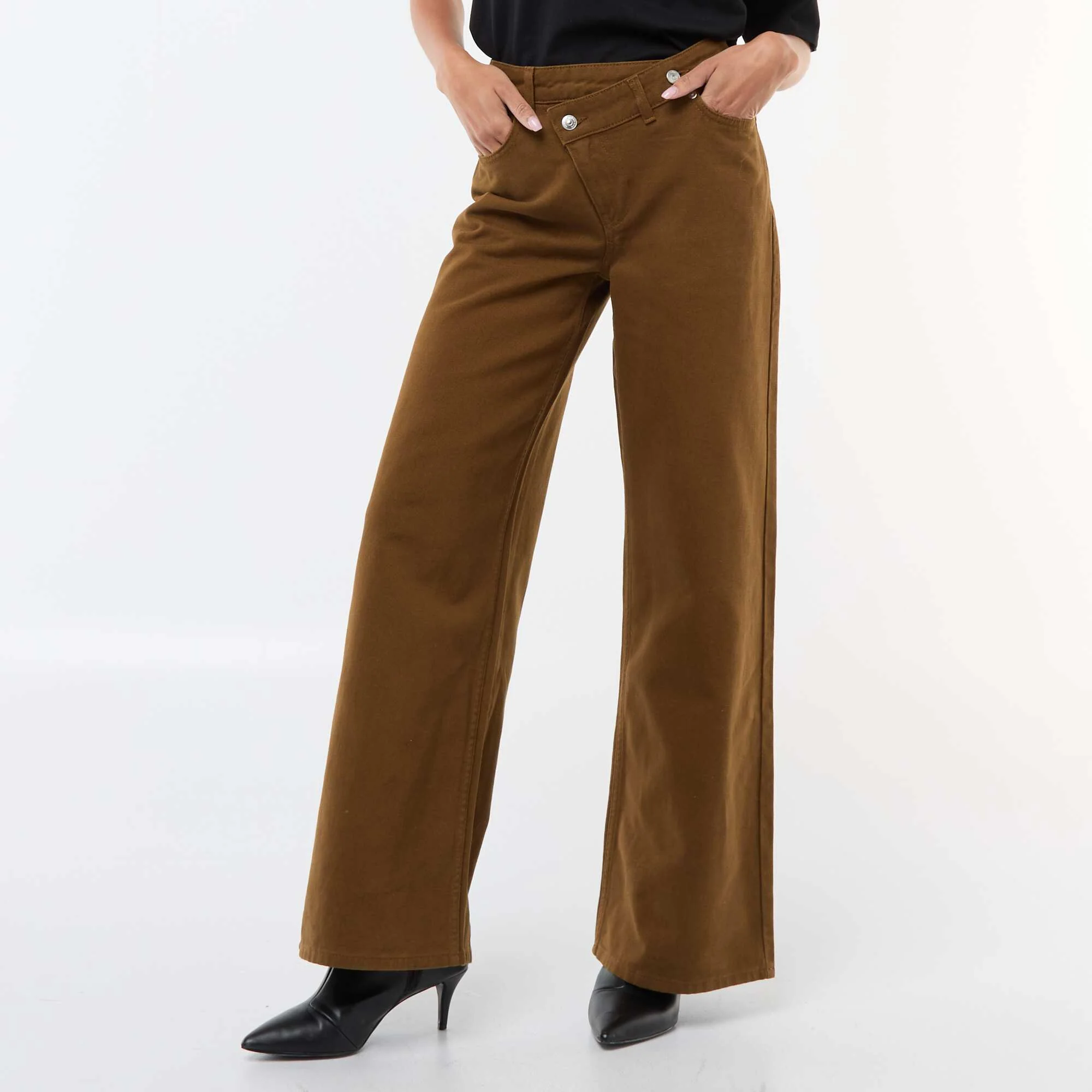 Cotton Twill Wide Leg Pants with Asymmetrical Belt BROWN - Image 2