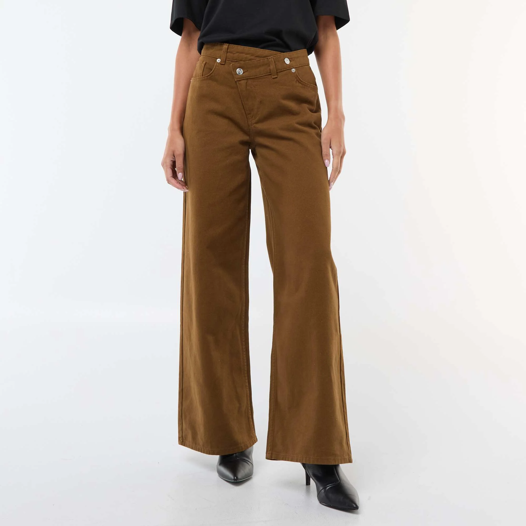 Cotton Twill Wide Leg Pants with Asymmetrical Belt BROWN - Image 4