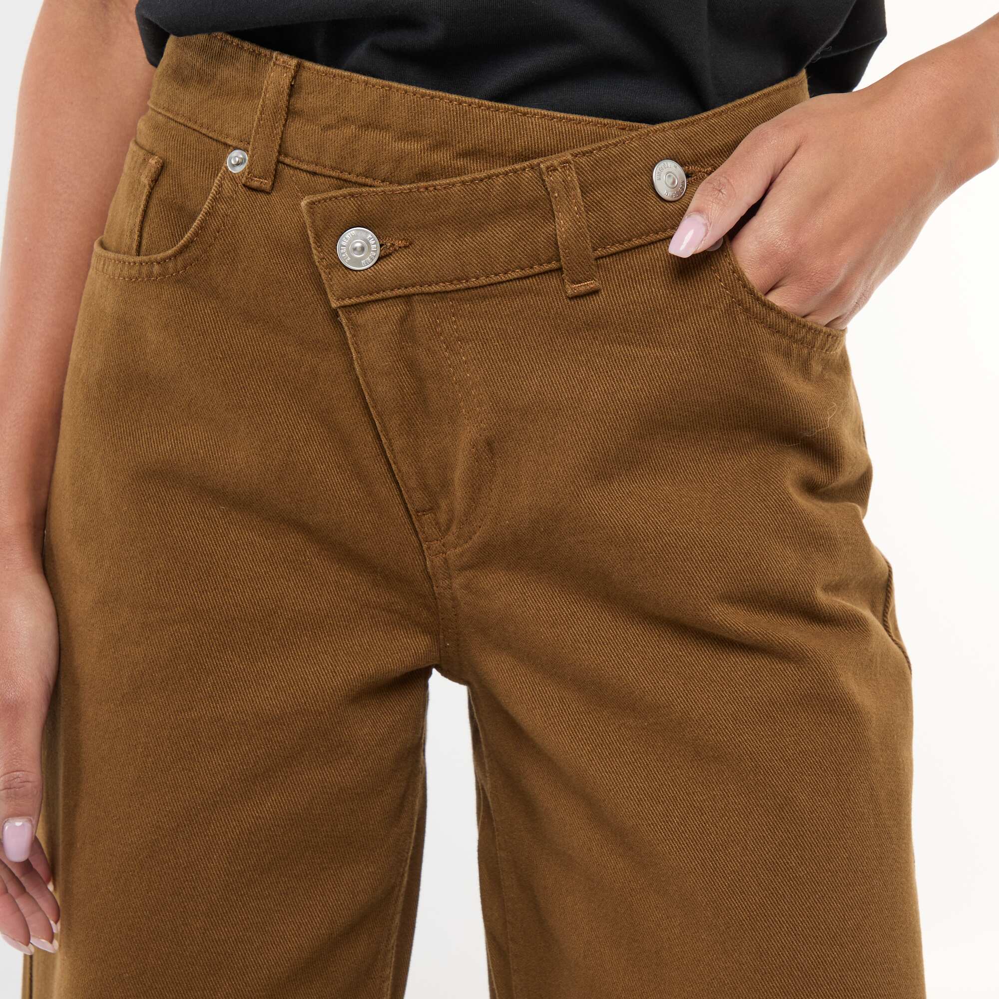 Cotton Twill Wide Leg Pants with Asymmetrical Belt BROWN - Image 5