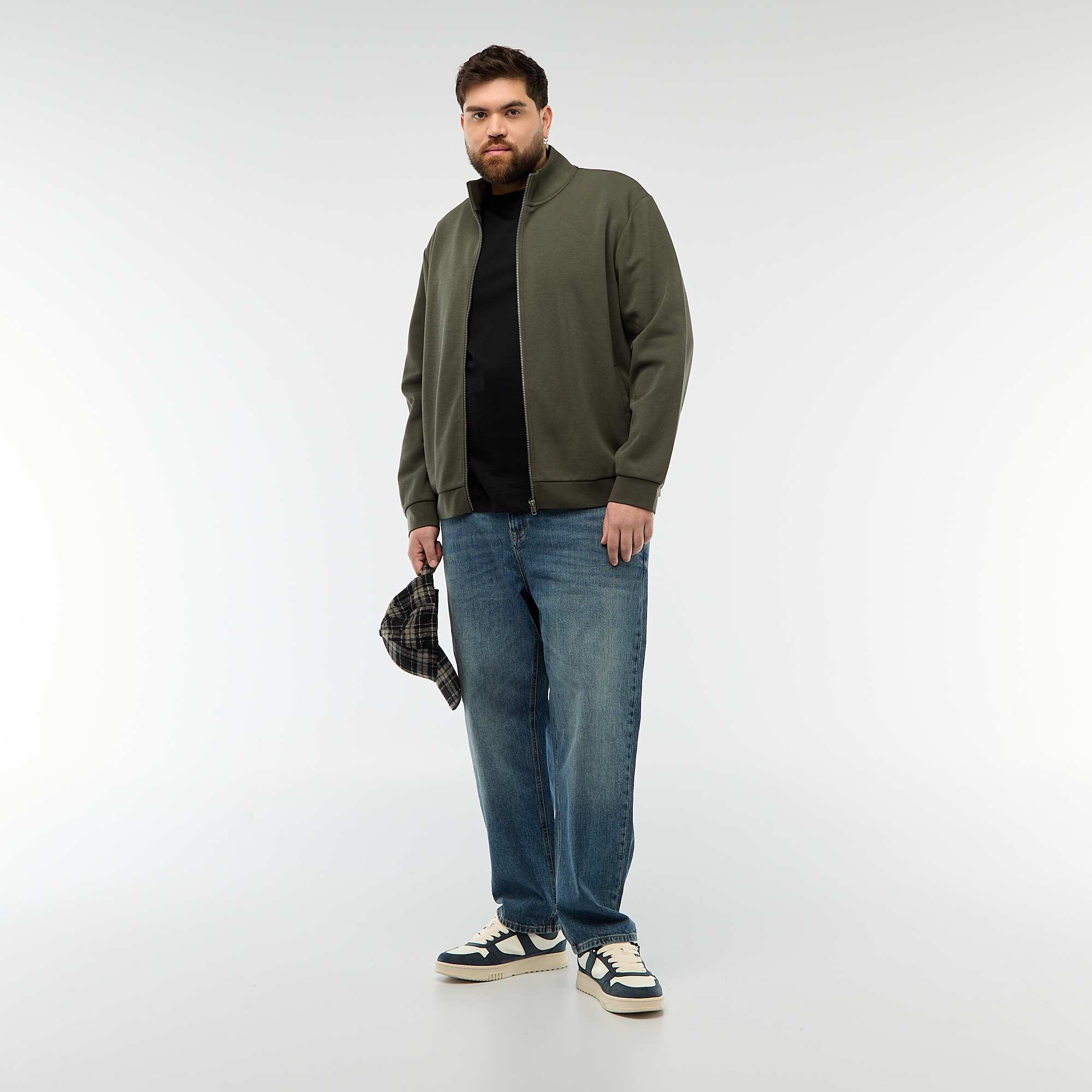 Cotton Zip-Up High Neck Sweatshirt KHAKI - Image 2