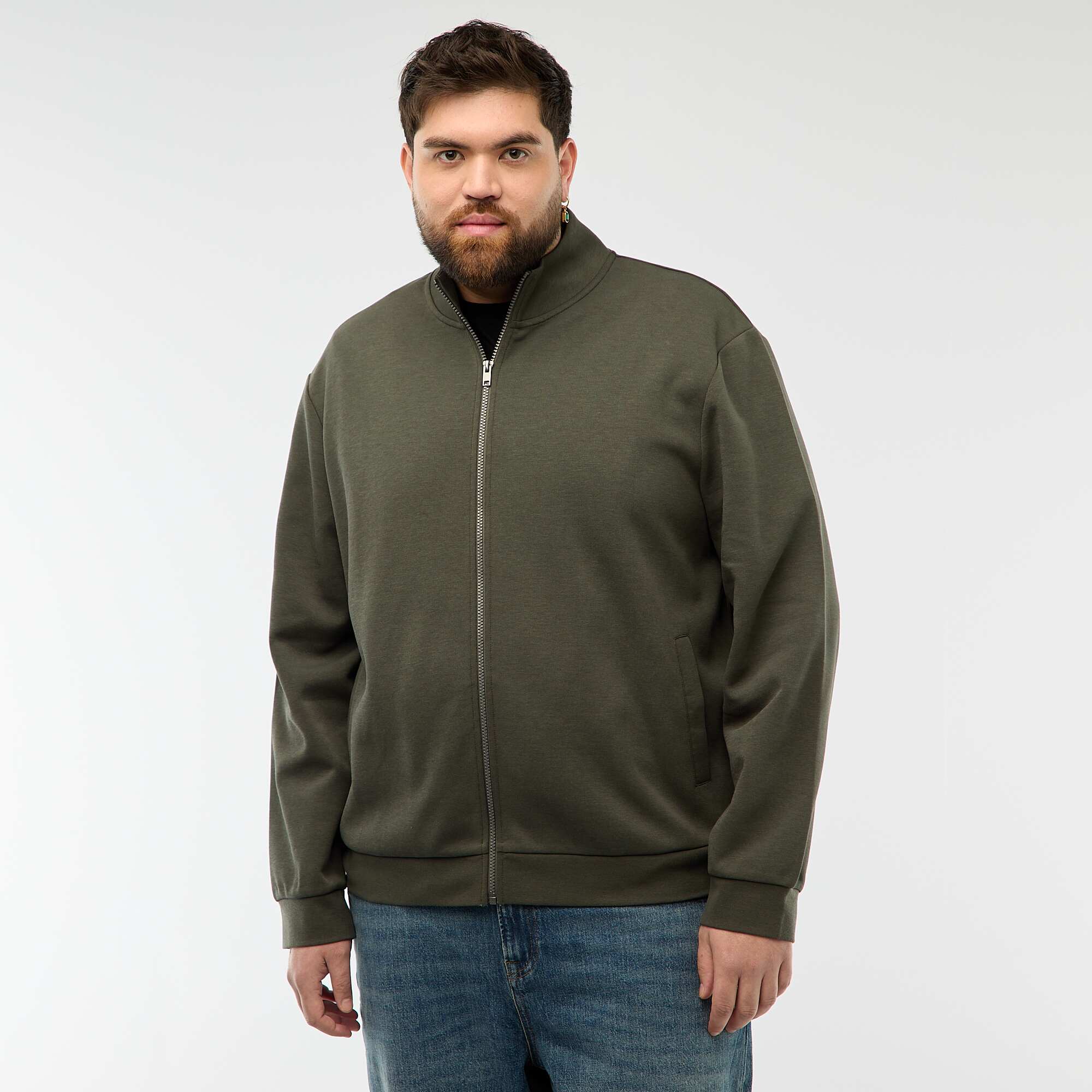 Cotton Zip-Up High Neck Sweatshirt KHAKI - Image 3