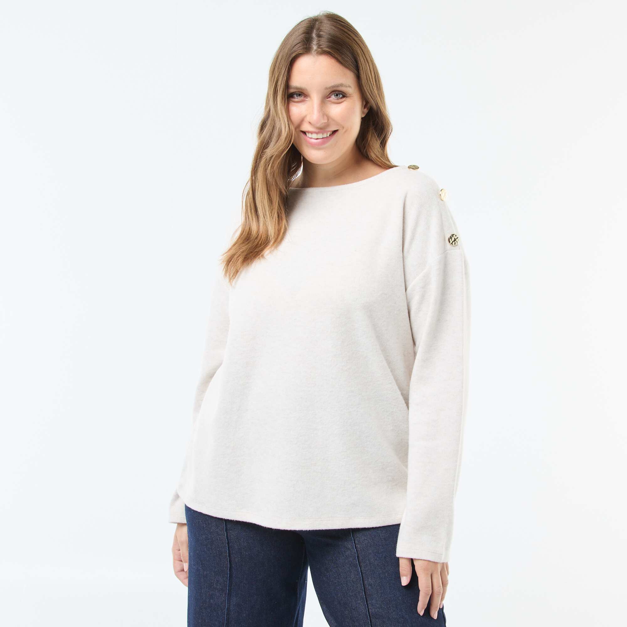 Cozy Knit Tee with Gold Buttons BEIGE