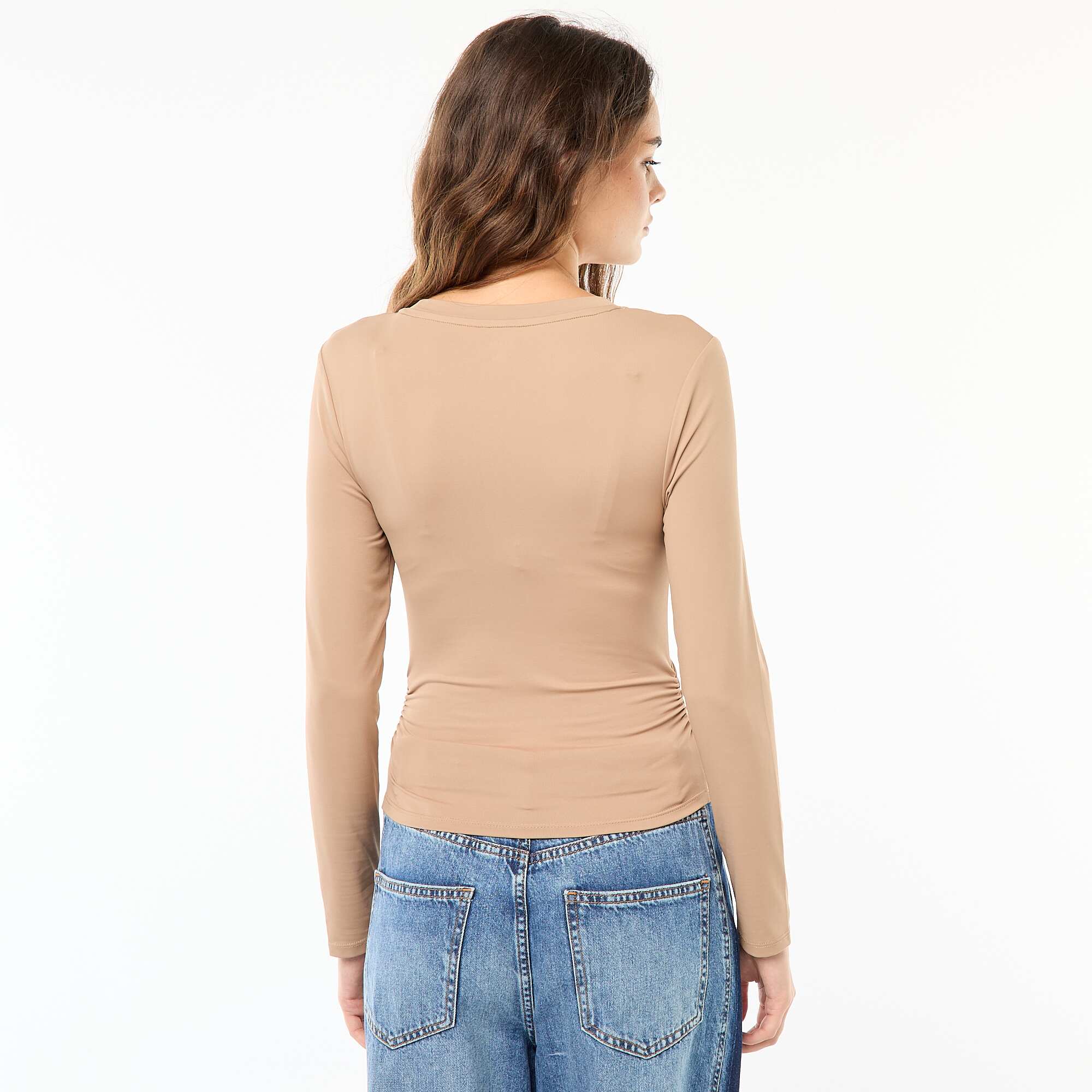 Crinkle-effect cropped T-shirt BEIGE - Image 3