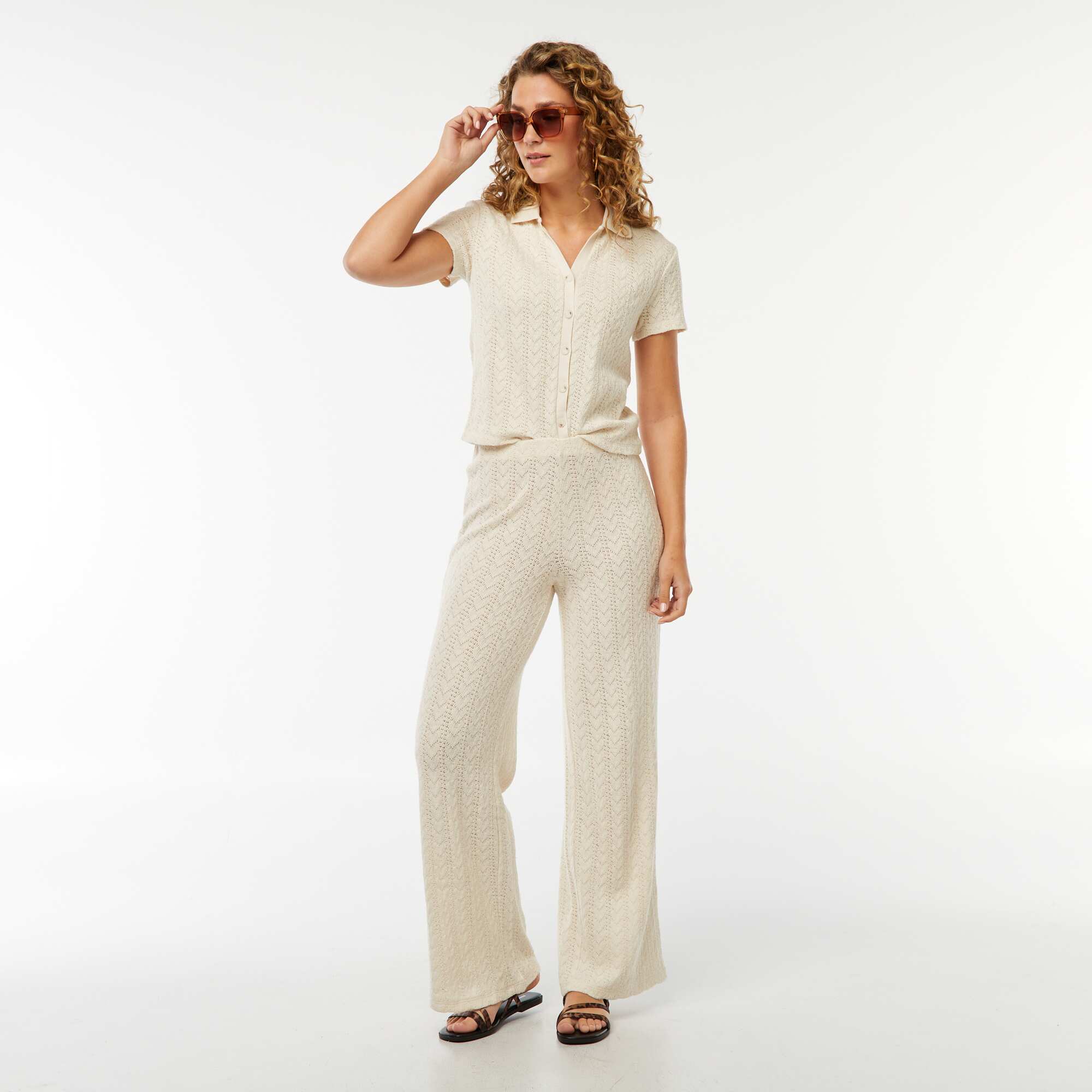 Crochet knit wide-leg trousers BEIGE