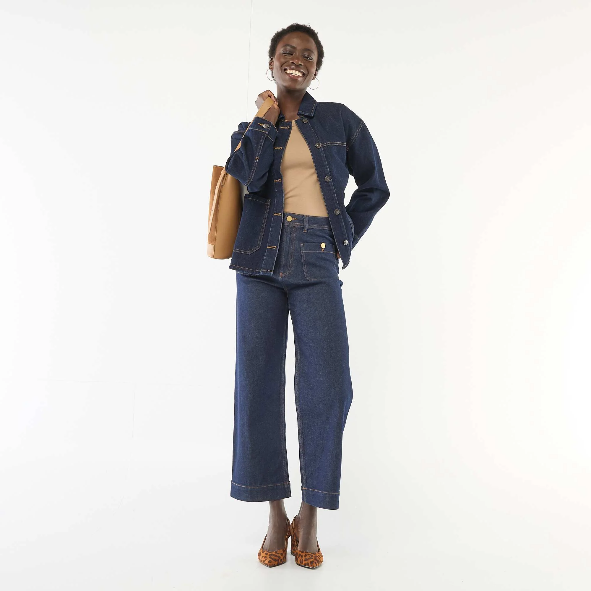 Cropped Denim Trousers with Buttons BLUE