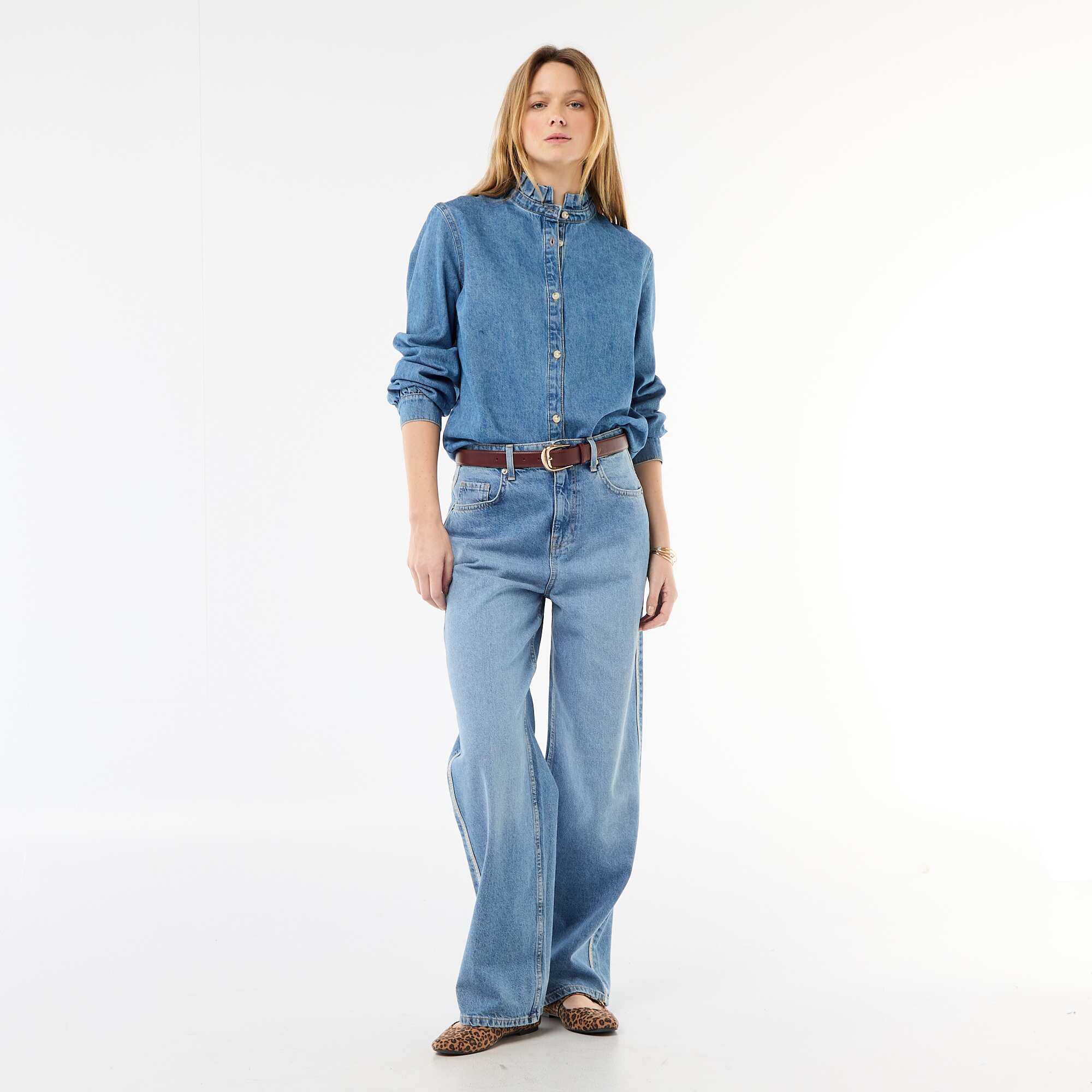Denim Blouse with Ruffled Collar BLUE - Image 2