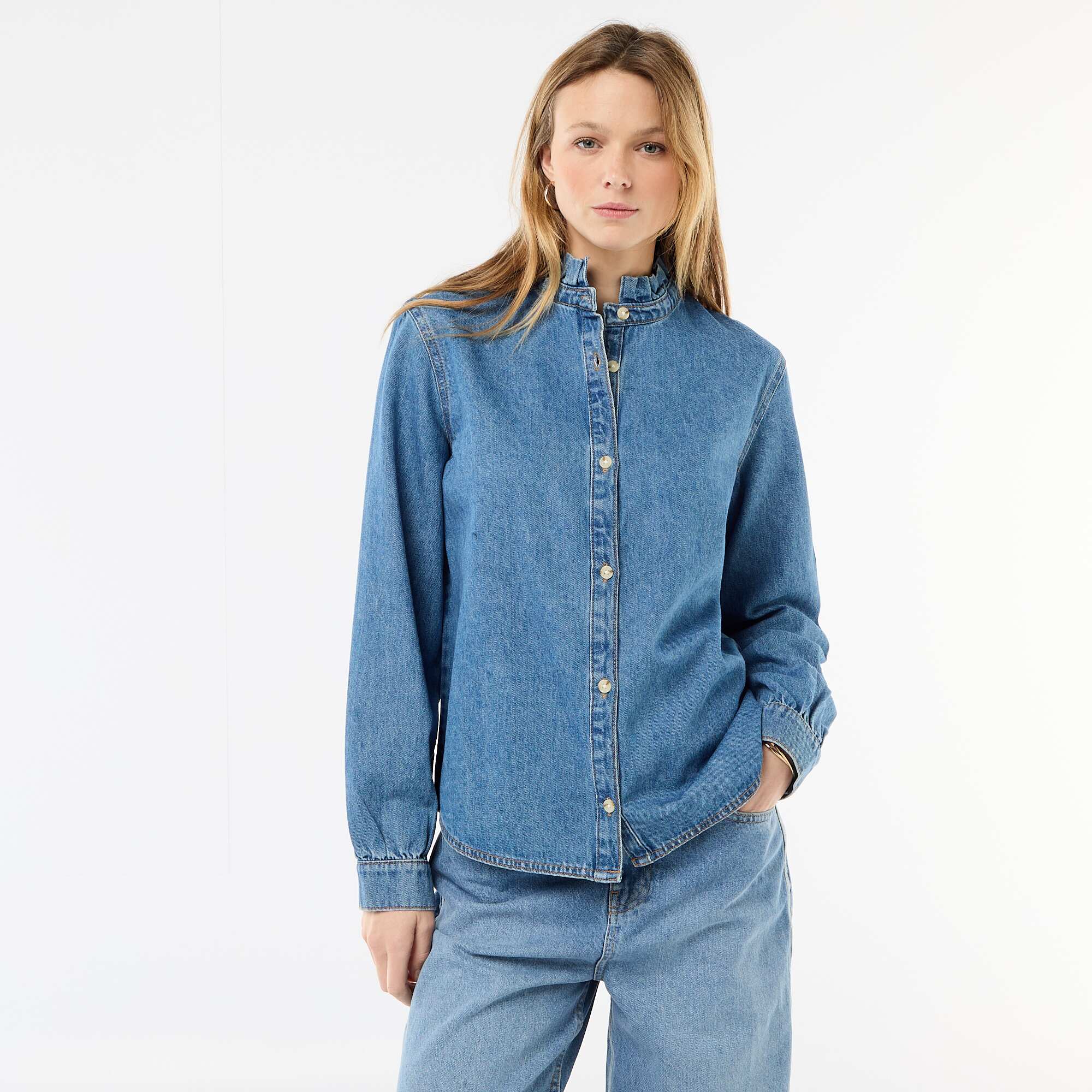 Denim Blouse with Ruffled Collar BLUE - Image 3