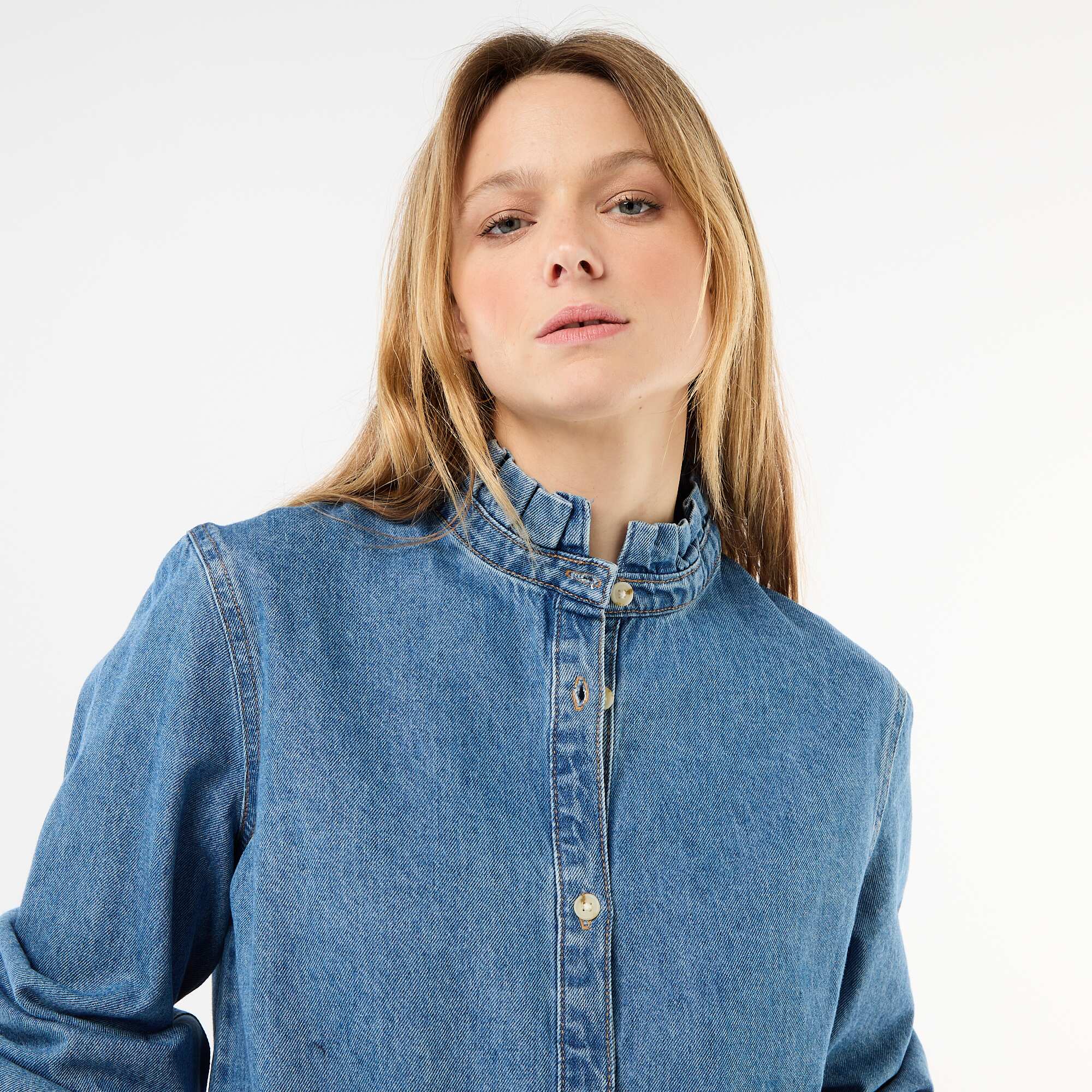 Denim Blouse with Ruffled Collar BLUE - Image 5