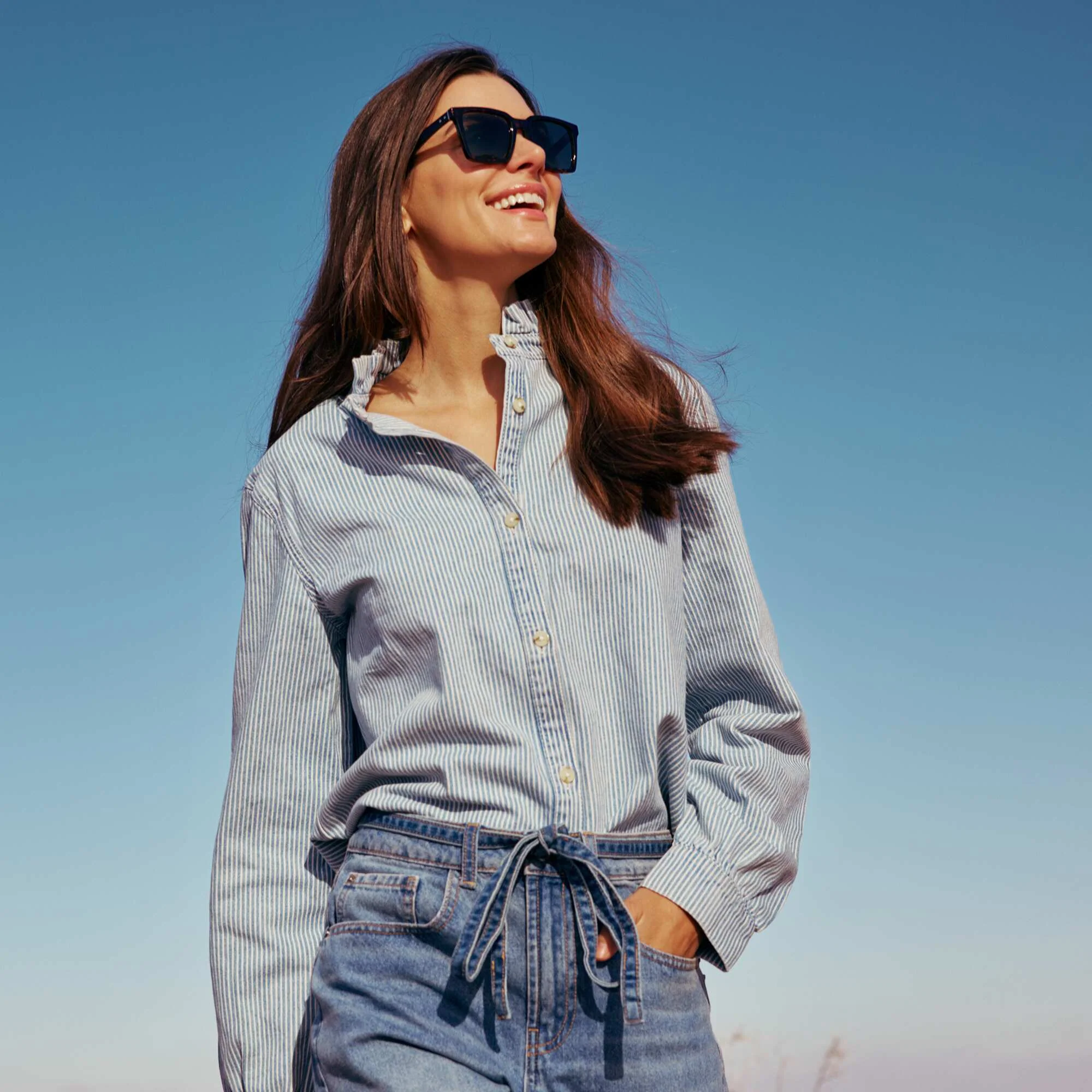 Denim Blouse with Ruffled Collar BLUE - Image 2