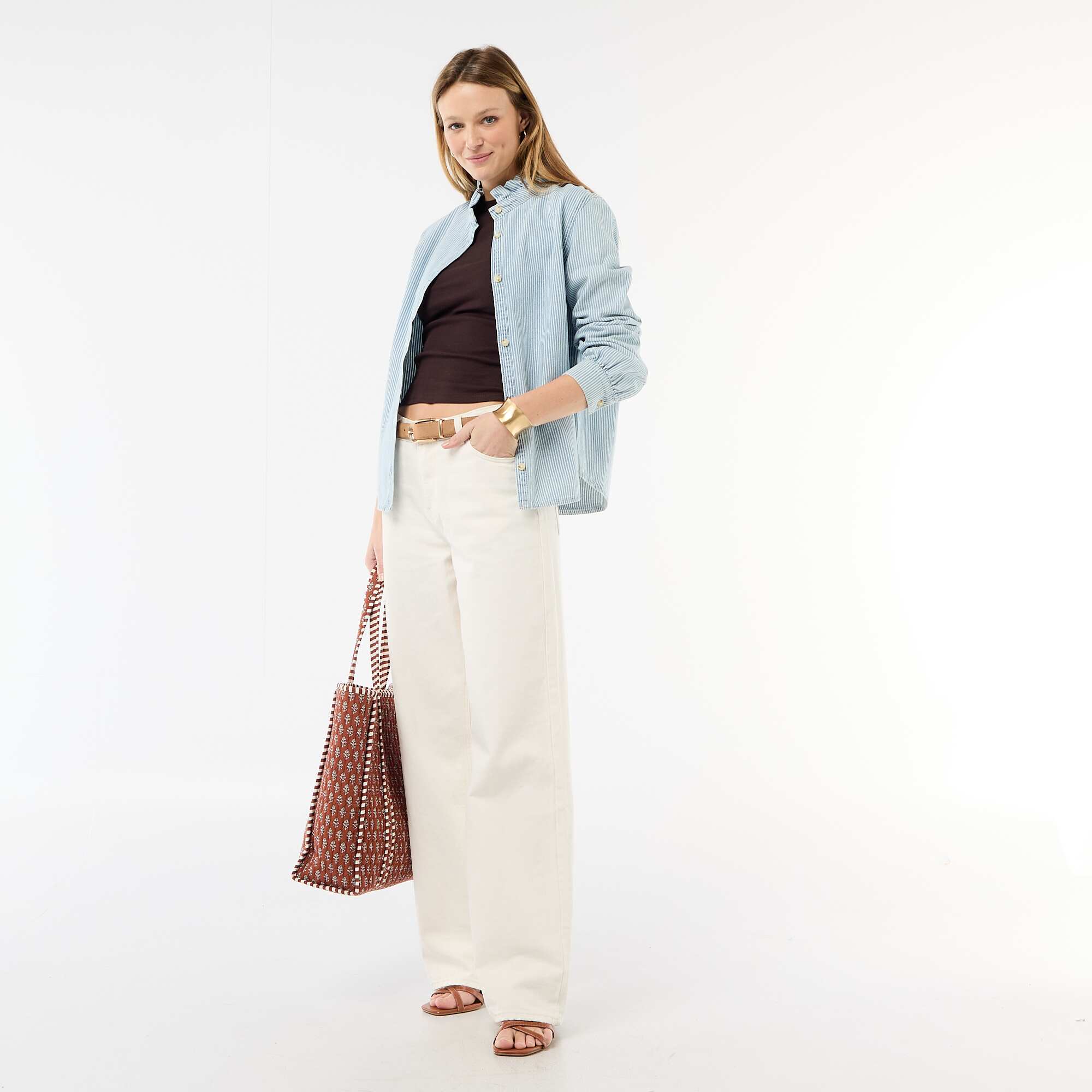 Denim Blouse with Ruffled Collar BLUE - Image 3